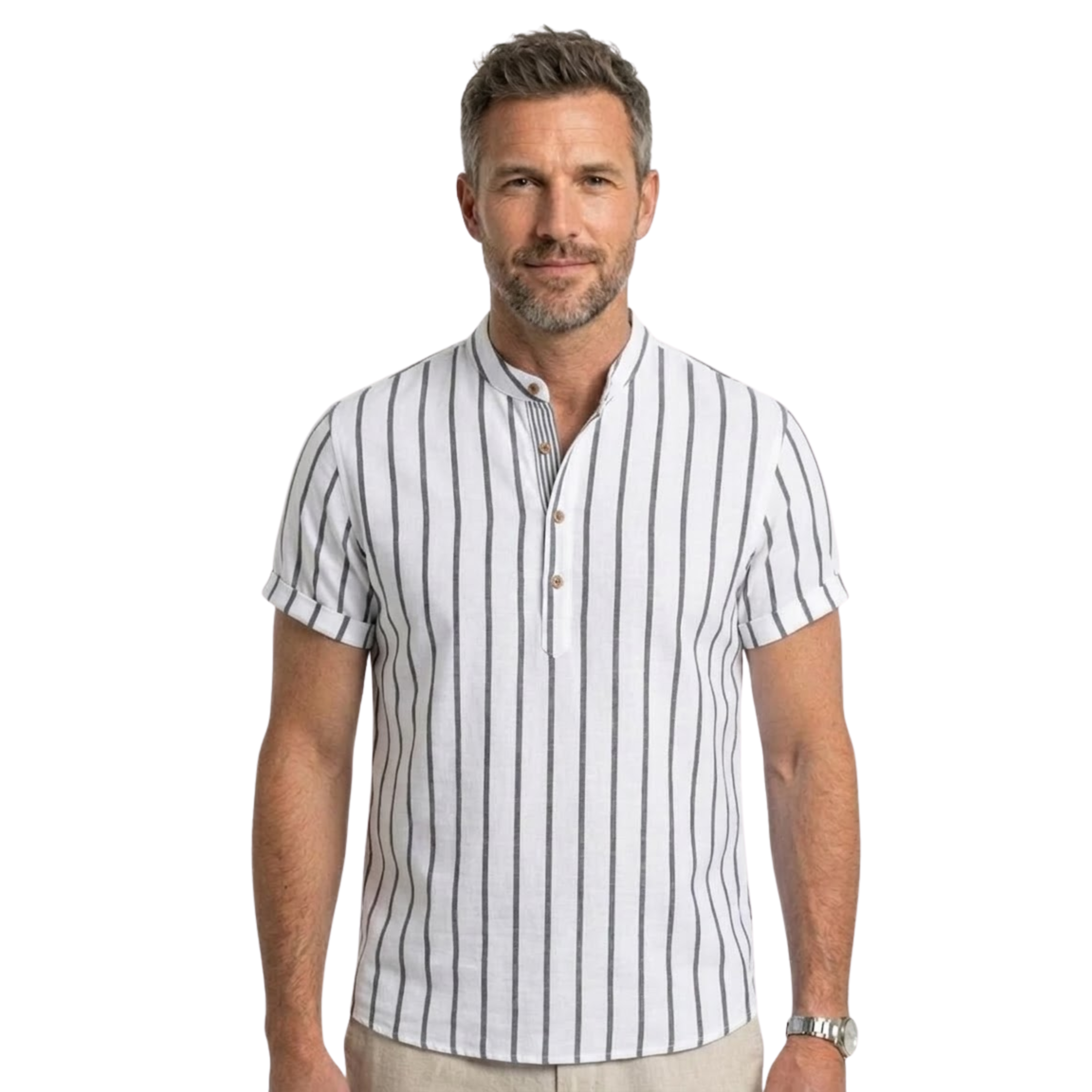 Short Sleeve Striped Linen Shirt Men Stand Collar Casual Button Up Summer Tops