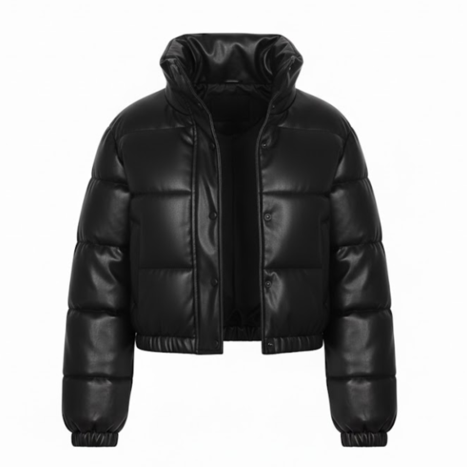 Women's Faux Leather Puffer Jacket Short Quilted Parka With Zipper Closure