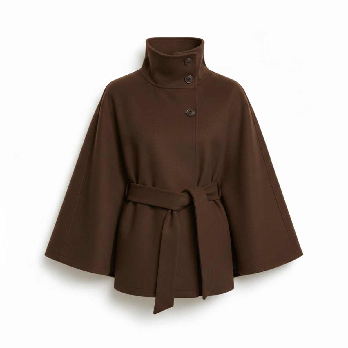 Women's Belted Cape Coat Funnel Neck Long Sleeve Polyester Button Cloak Outerwear