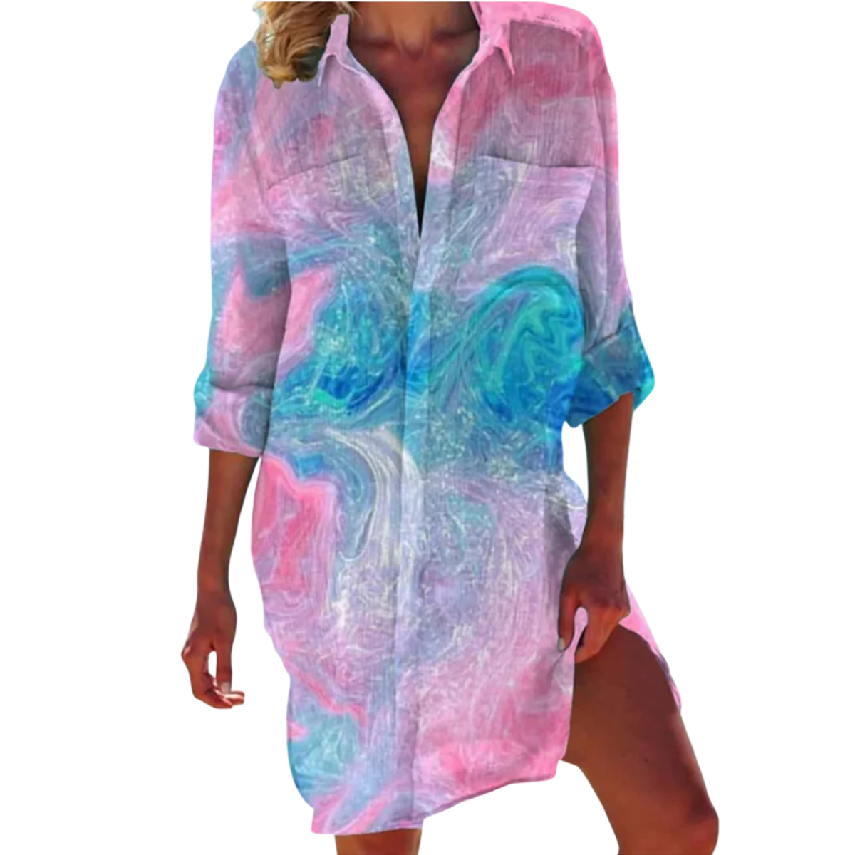 Tropical Print Shirt Dress Women's Beach Cover Up with 3/4 Roll-Tab Sleeves