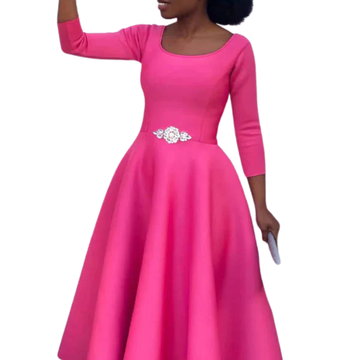 Women's A-Line Midi Dress Three Quarter Sleeve Round Neck Wedding Guest Formal Dress