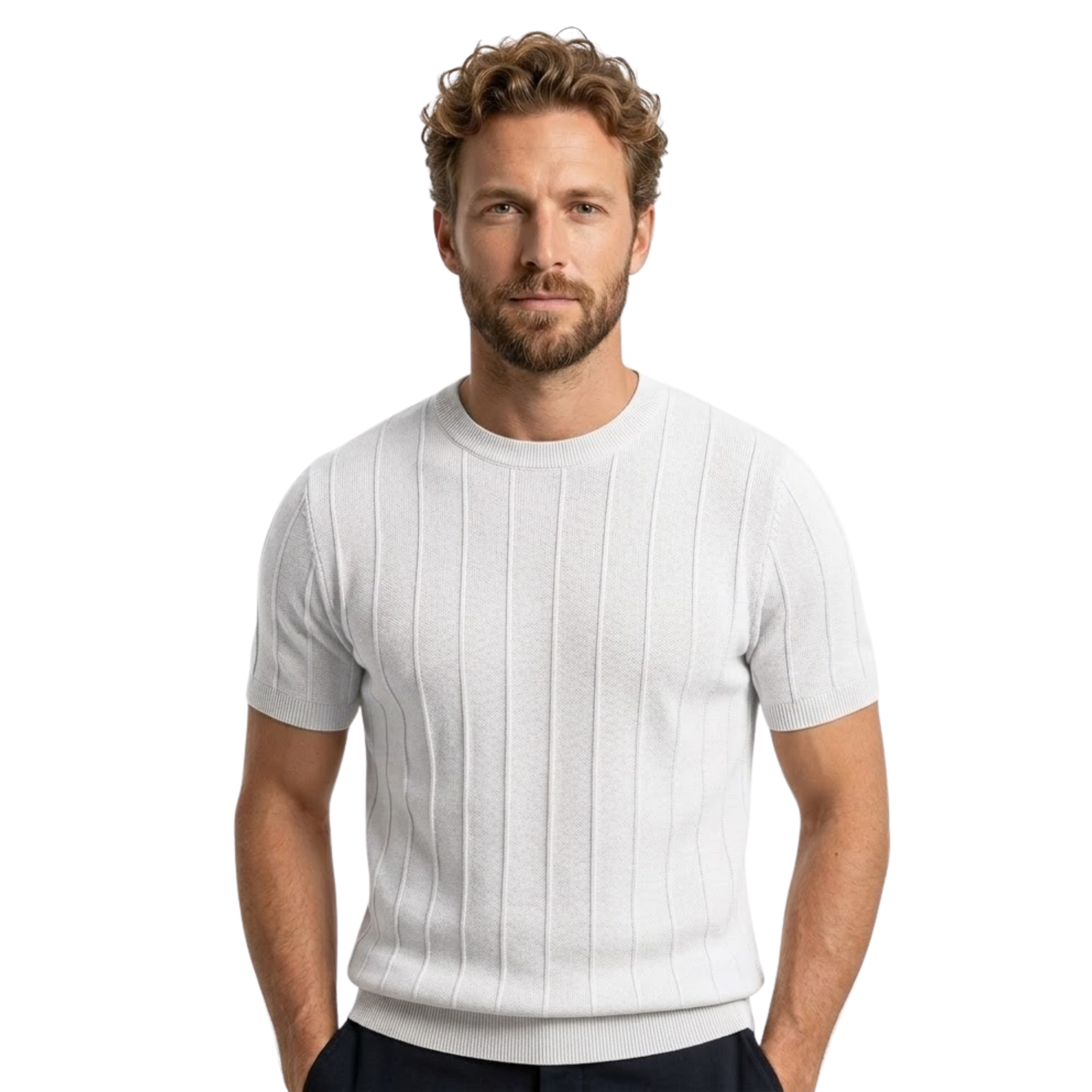 Men's Knitted Ribbed T-Shirt Short Sleeve Crew Neck Cotton Slim Fit Casual Top