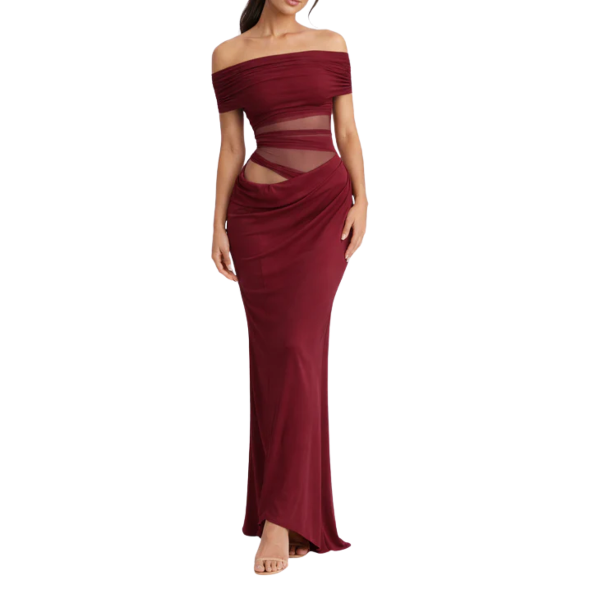 Women's Off Shoulder Ruched Mesh Maxi Dress Sleeveless Bodycon Wedding Guest Dress