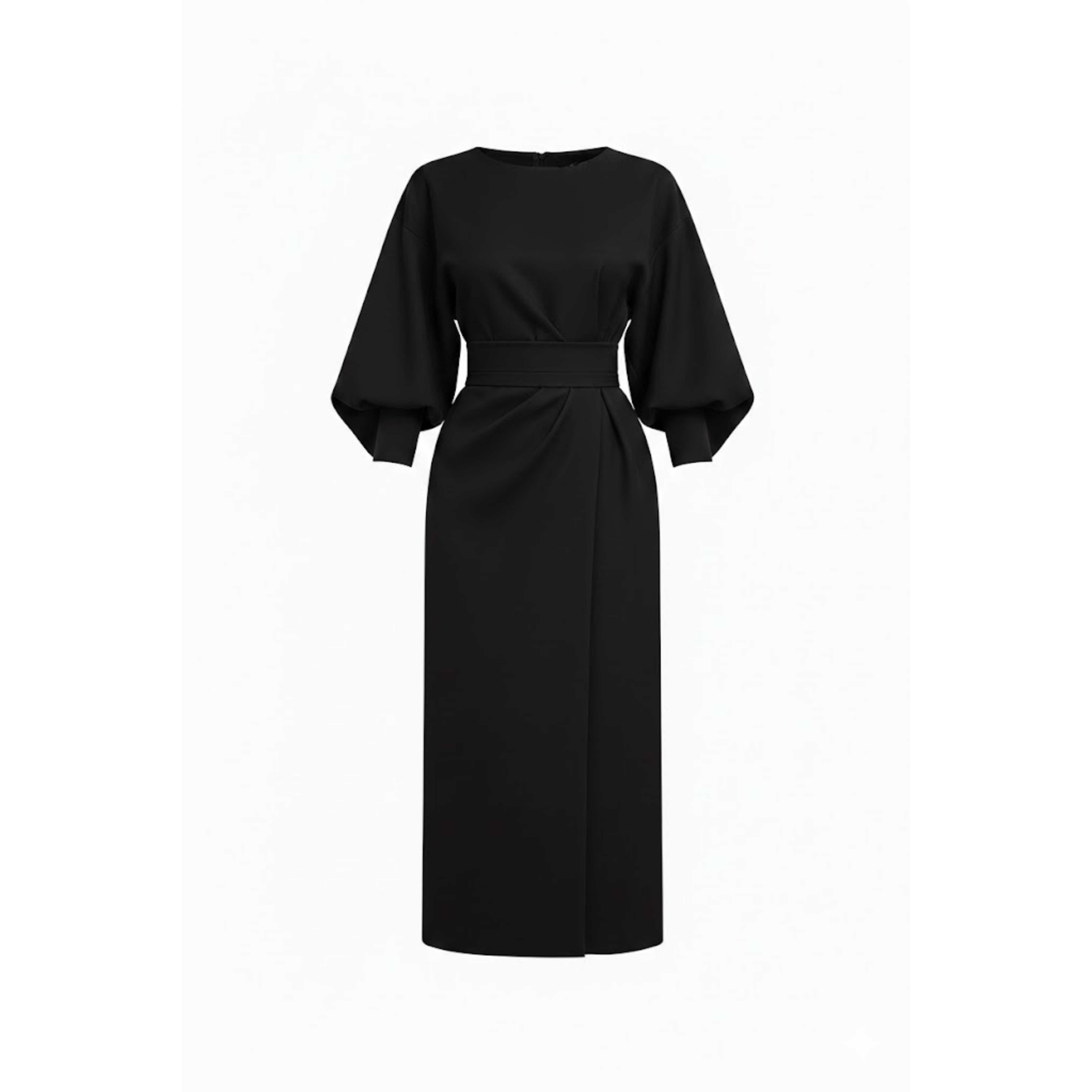 High-Waist A-Line Midi Dress with Batwing Kimono Sleeves and Wrap Front