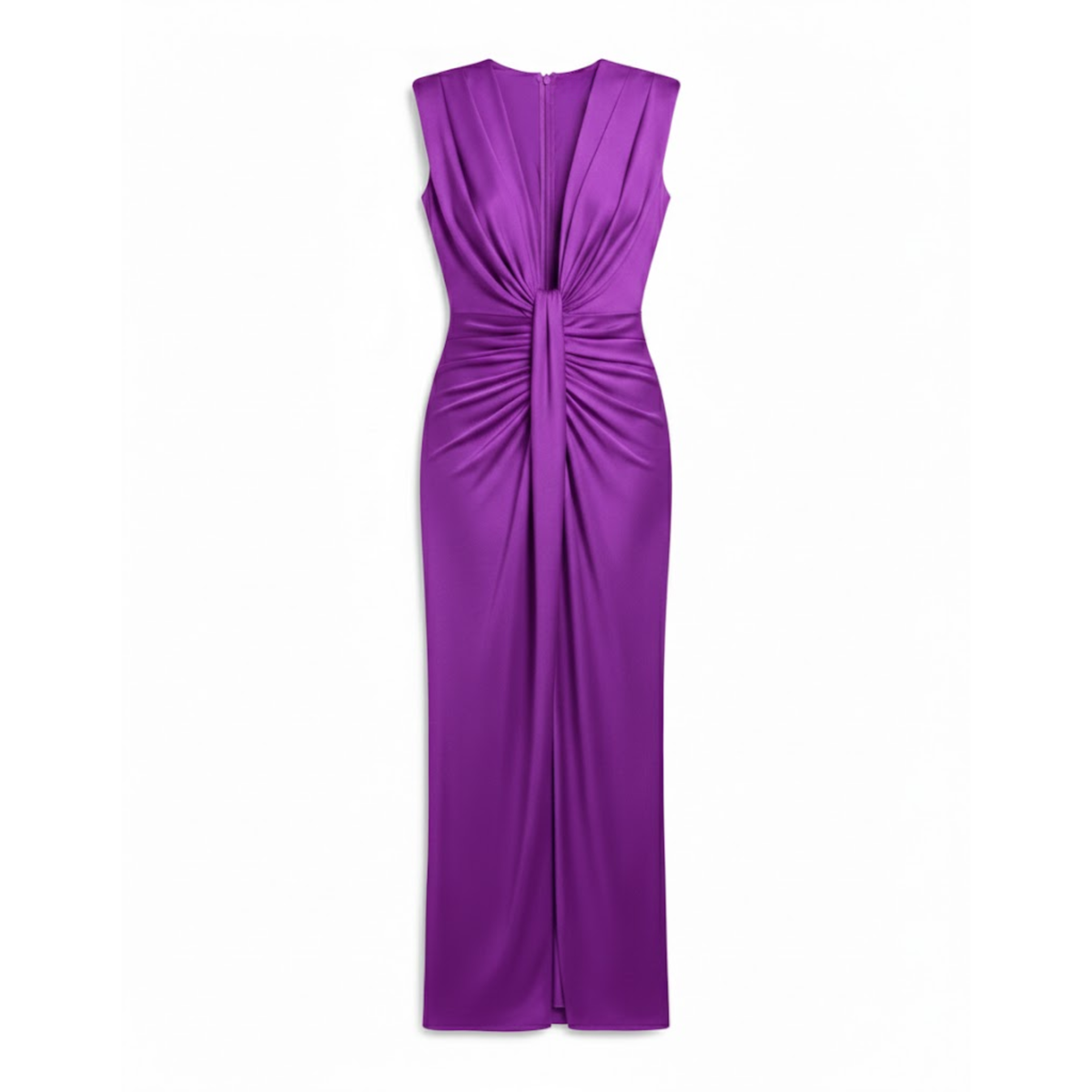Formal V-Neck Pleated Sleeveless Maxi Dress with High Slit and Ruched Bodice