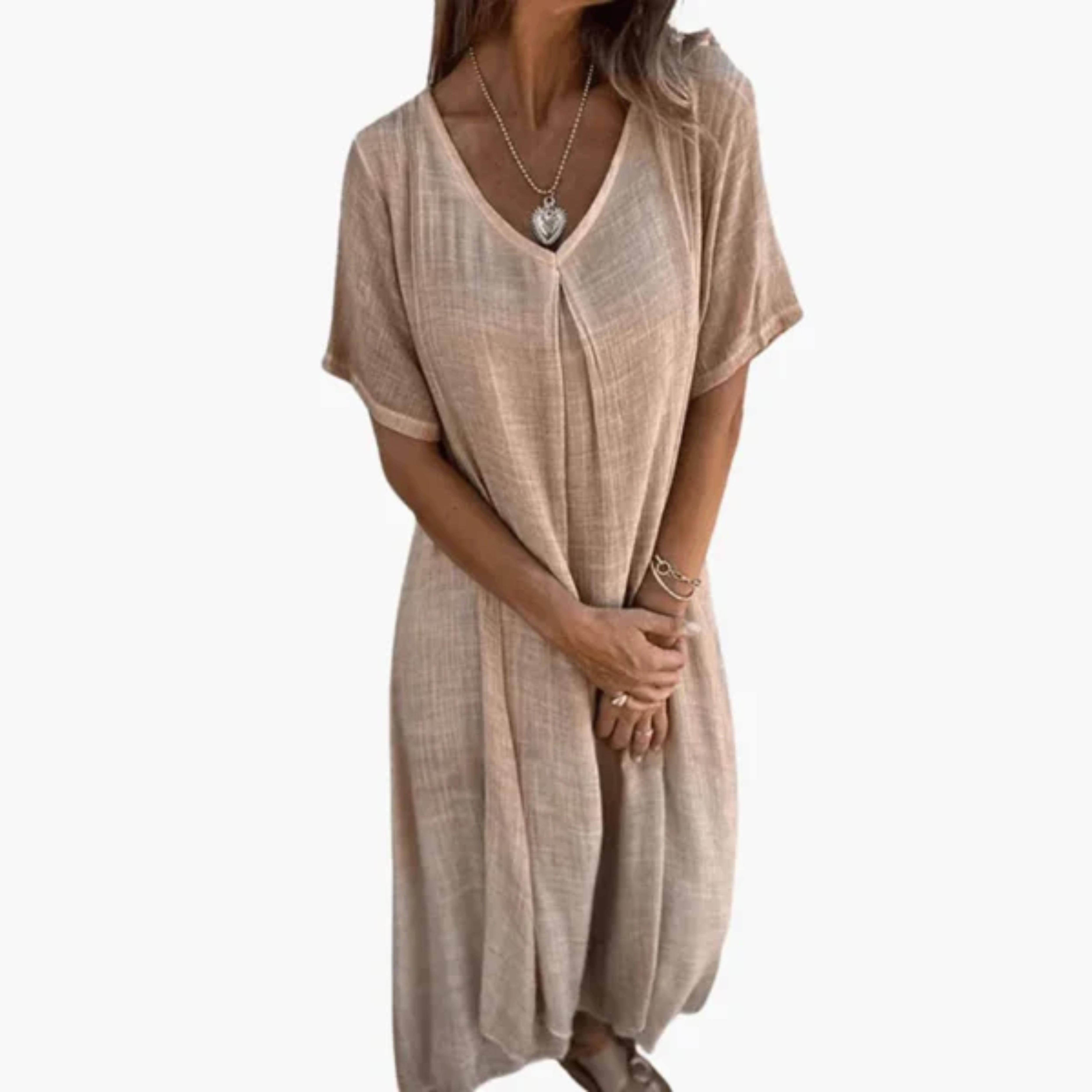 Women's Cotton Linen V Neck Maxi Dress Short Sleeve Loose Bohemian Casual Long Dress
