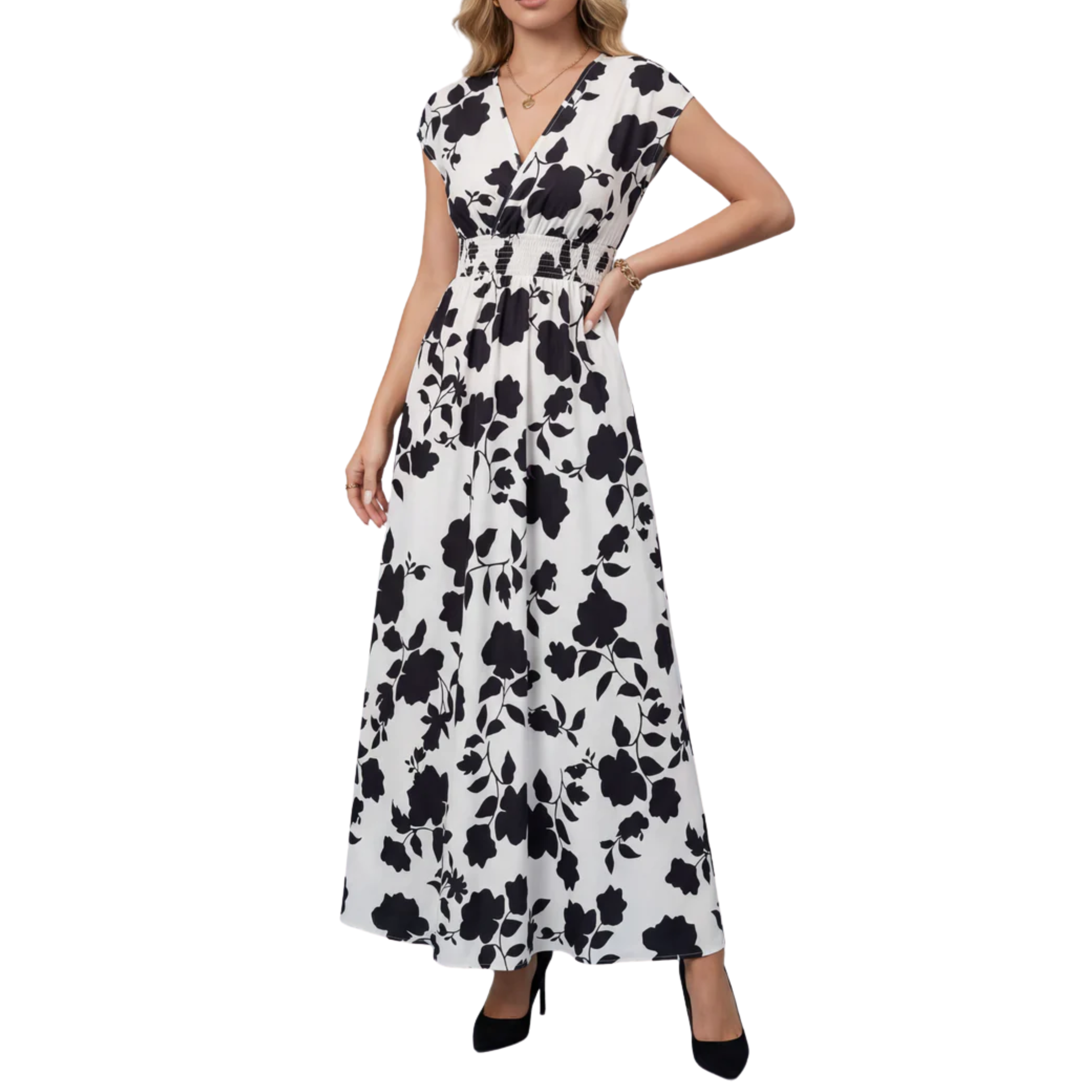 Women's Floral Maxi Dress V-Neck Cap Sleeve Smocked Waist A-Line Occasion Dress