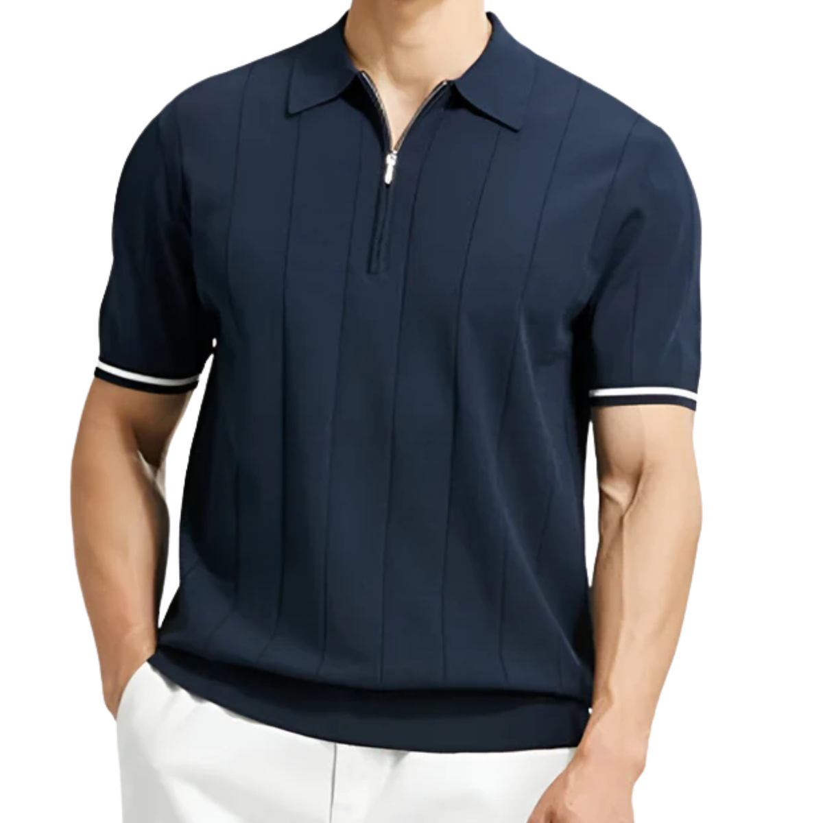 Men's short sleeve knit polo — half-zip vertical stripes — business casual