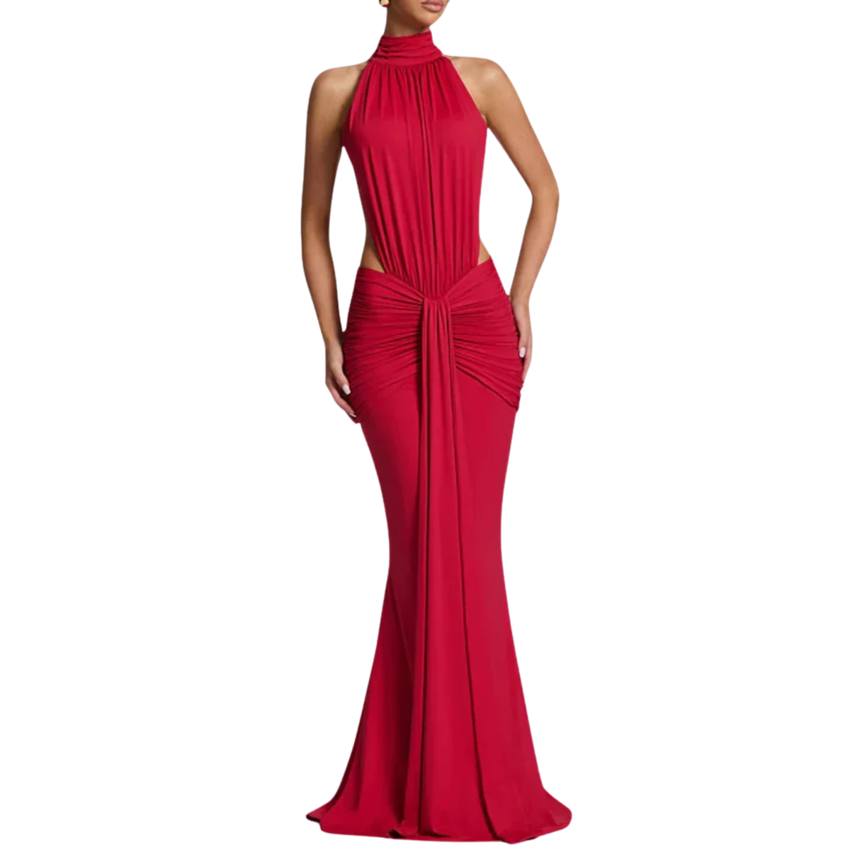 High Neck Backless Maxi Dress Ruched Waist Cut Out Sleeveless Wedding Guest Dress