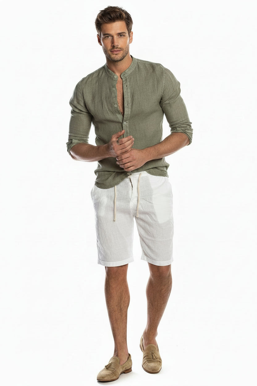 Men's Linen Band Collar Shirt