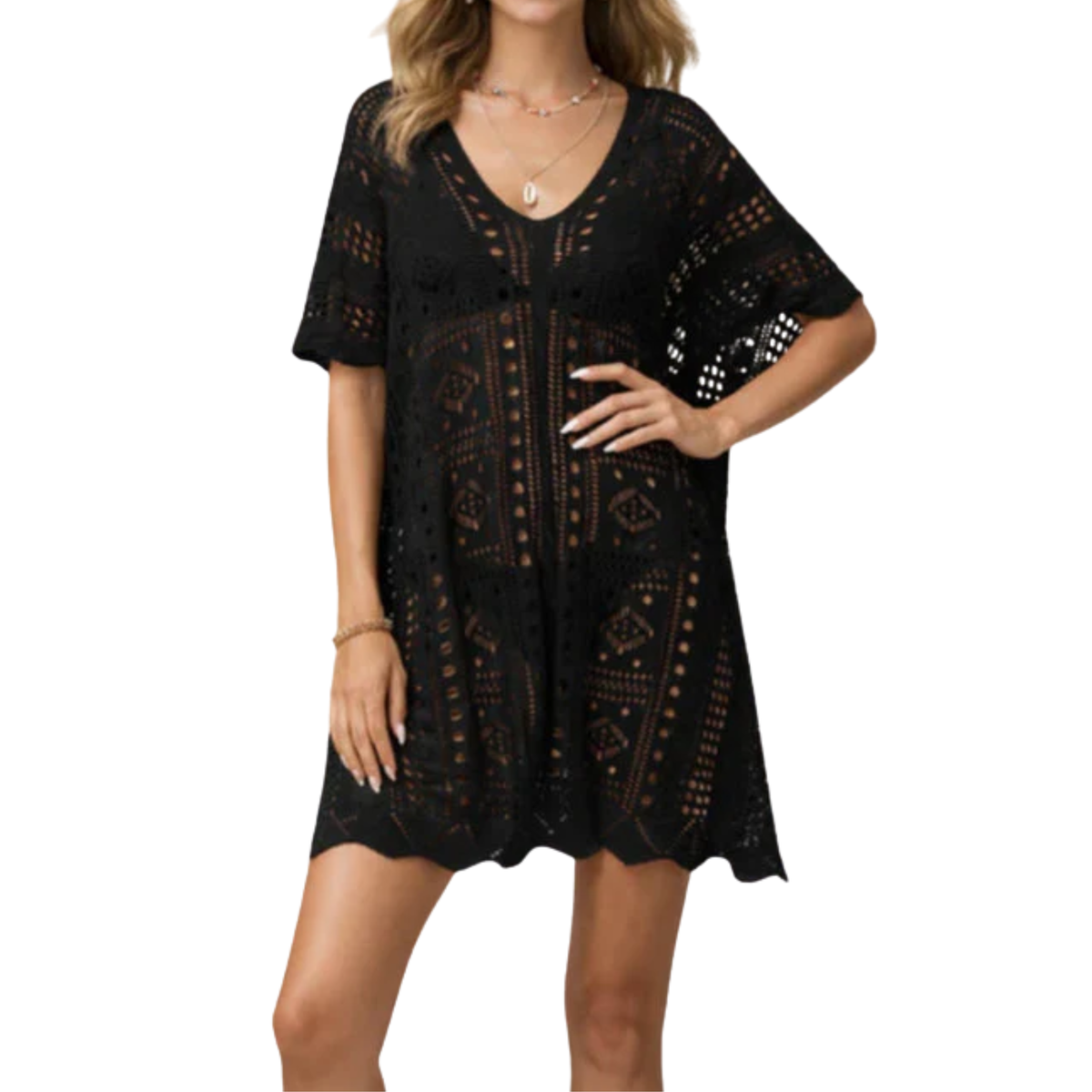 Women's Crochet Knit Beach Cover Up Dress with Loose Fit and V-Neckline
