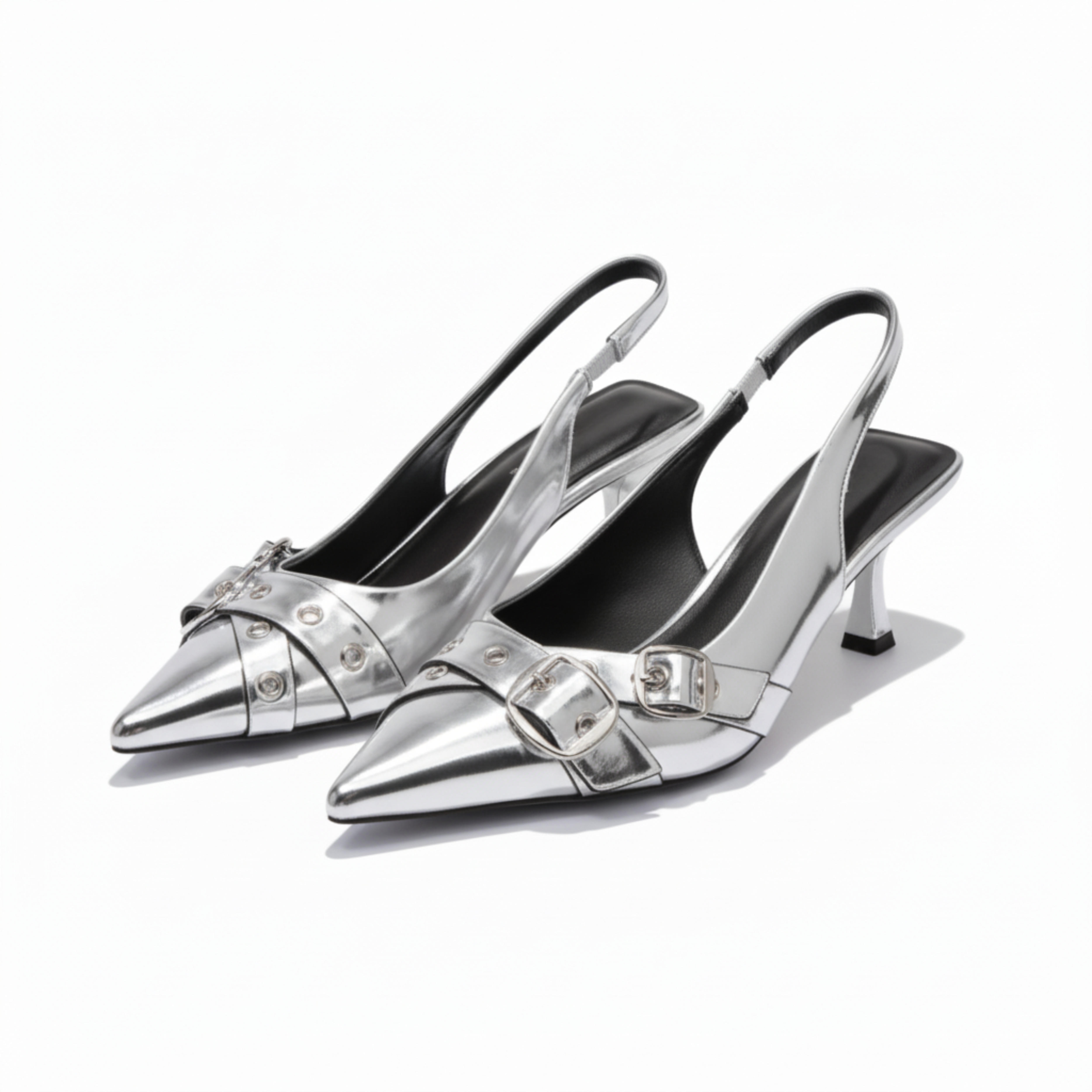 Pointed Toe Slingback Kitten Heels Buckle Strap Metal Detail Elegant Dress Shoes