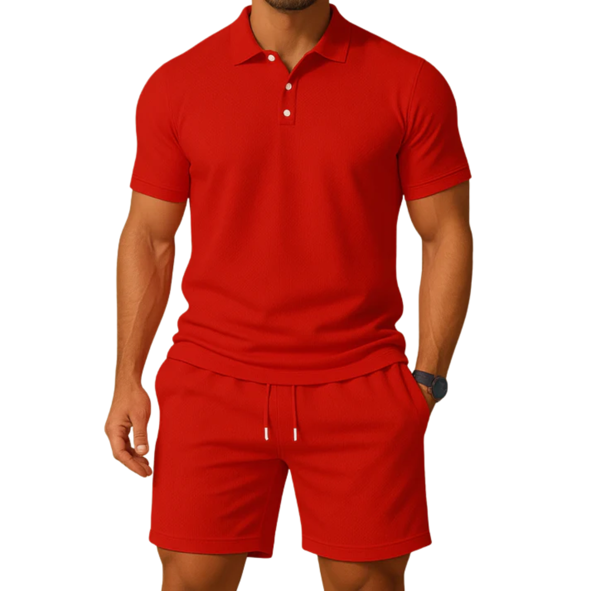 Men's two-piece polo set — drawstring shorts — casual summer holiday