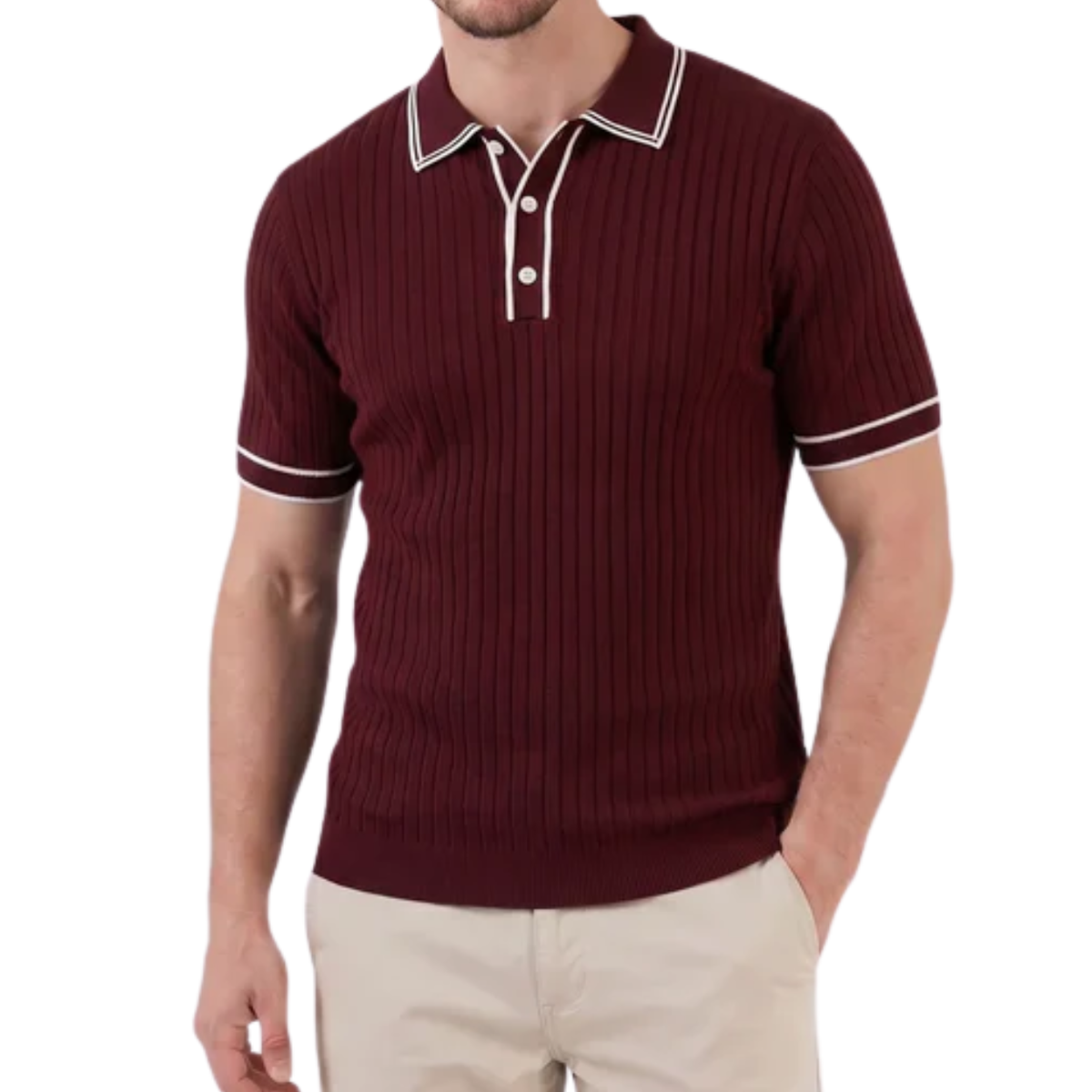 Men's ribbed knit polo — regular fit contrast trim — casual daily