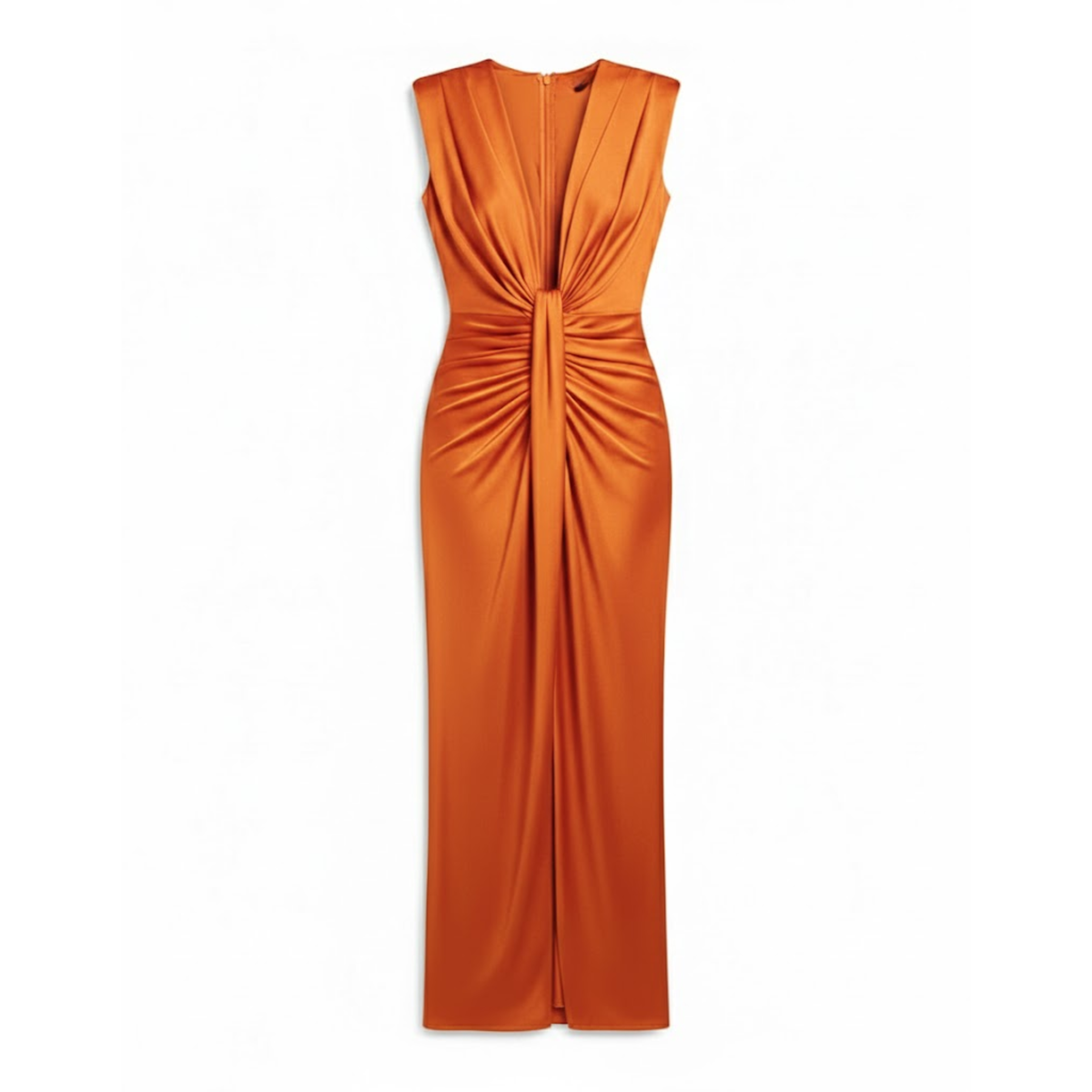 Formal V-Neck Pleated Sleeveless Maxi Dress with High Slit and Ruched Bodice