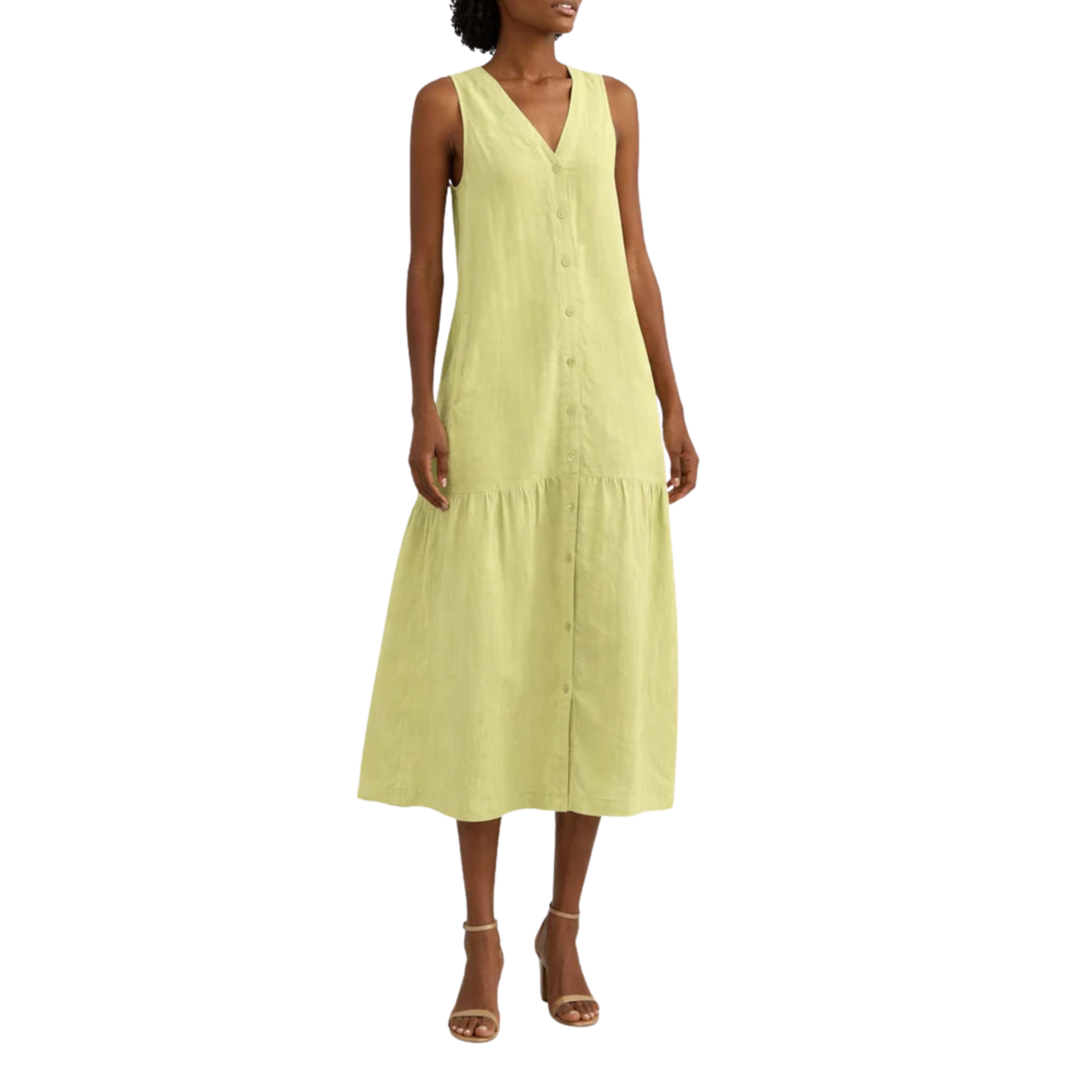 Women's V-Neck Linen Maxi Dress Button Up Sleeveless Tiered Hem Relaxed Fit Gown