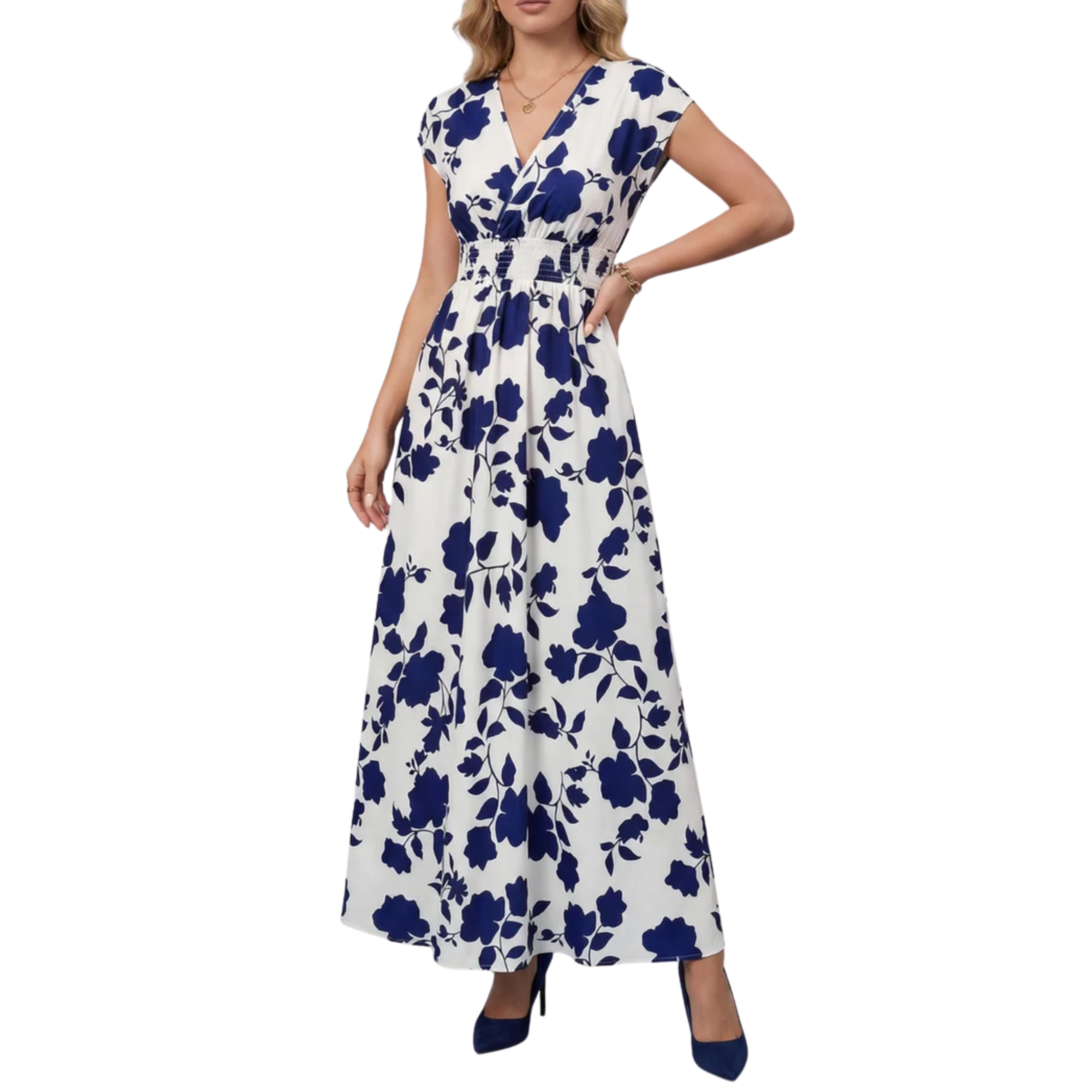 Women's Floral Maxi Dress V-Neck Cap Sleeve Smocked Waist A-Line Occasion Dress