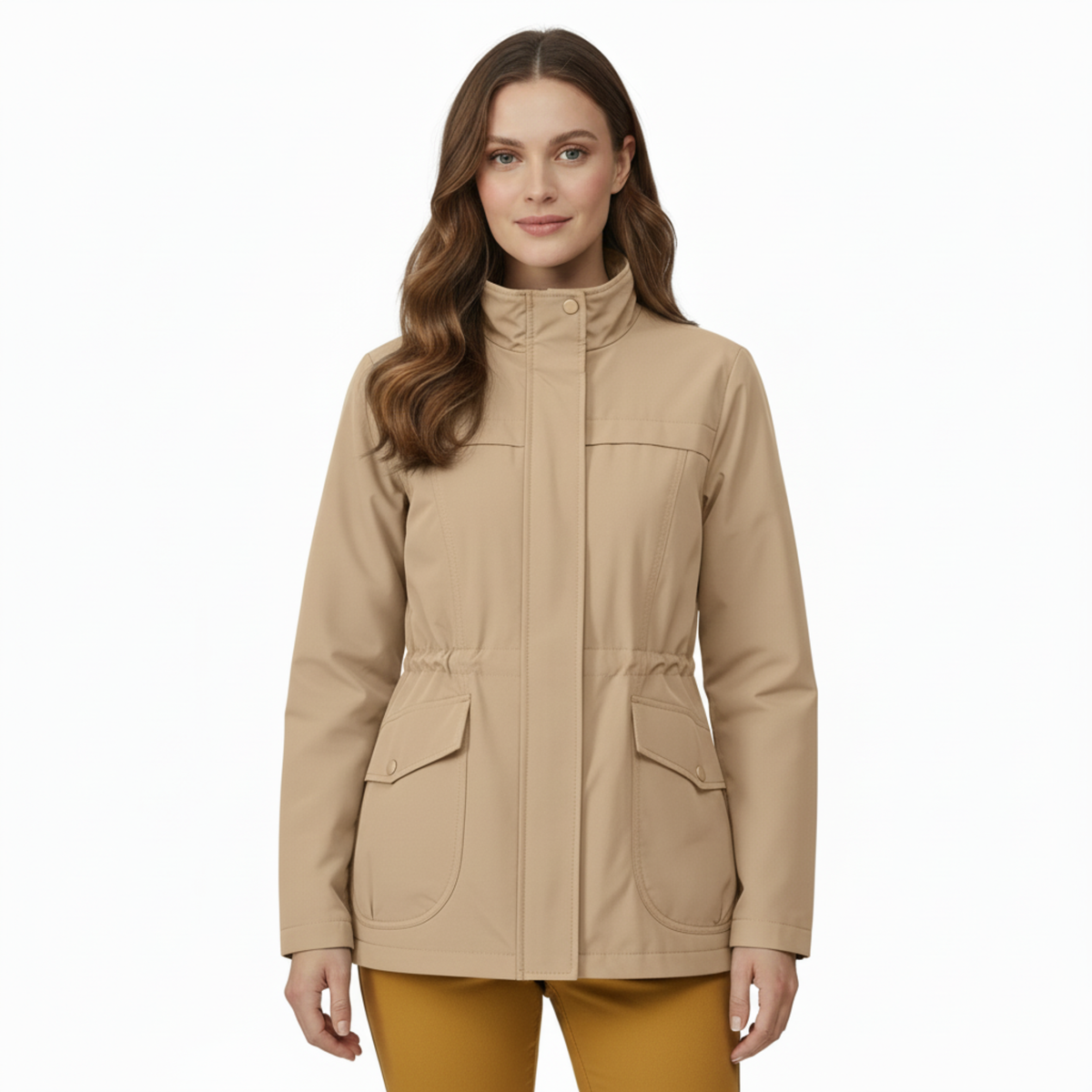 Women's Lightweight Windbreaker Jacket with Adjustable Waist and Front Pockets