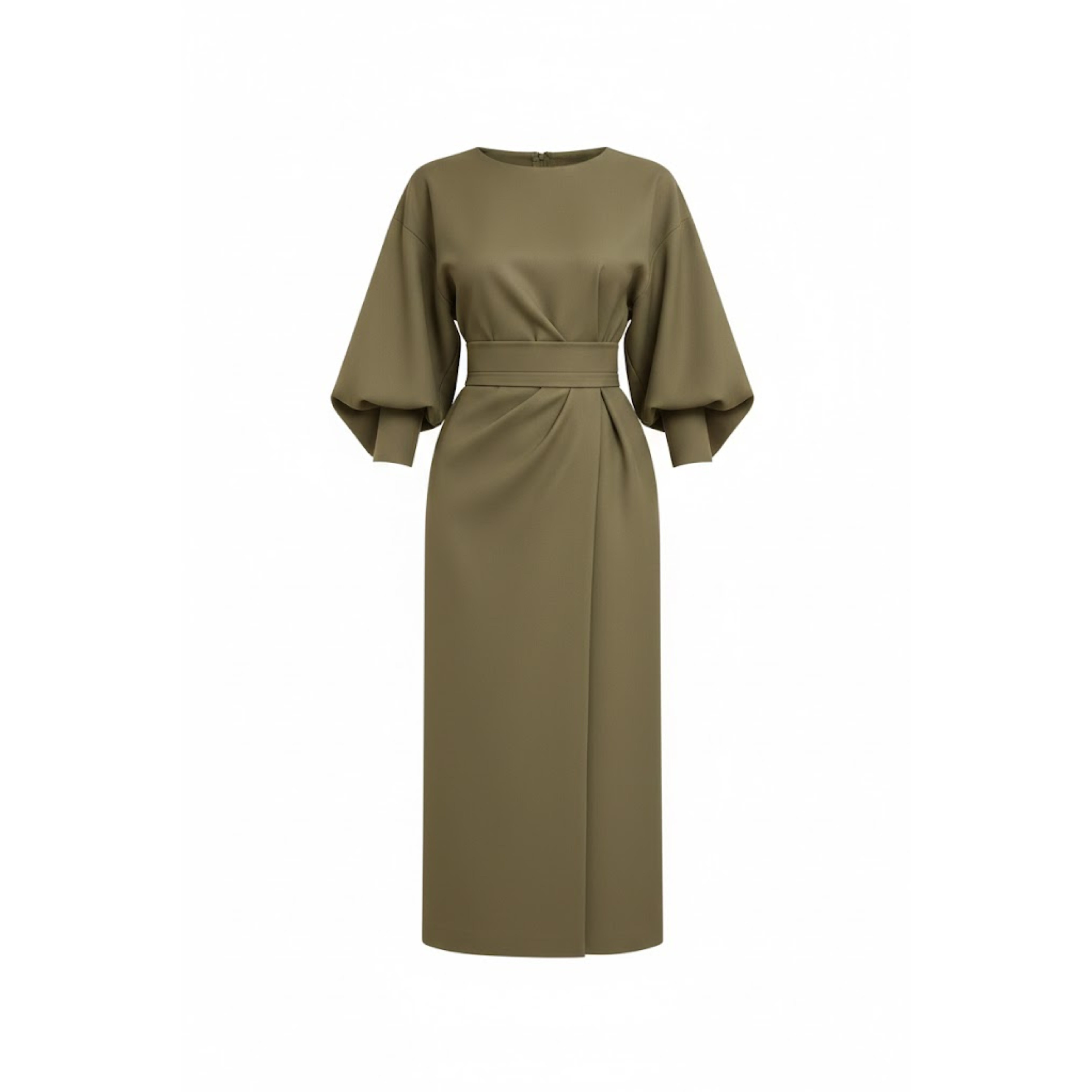High-Waist A-Line Midi Dress with Batwing Kimono Sleeves and Wrap Front