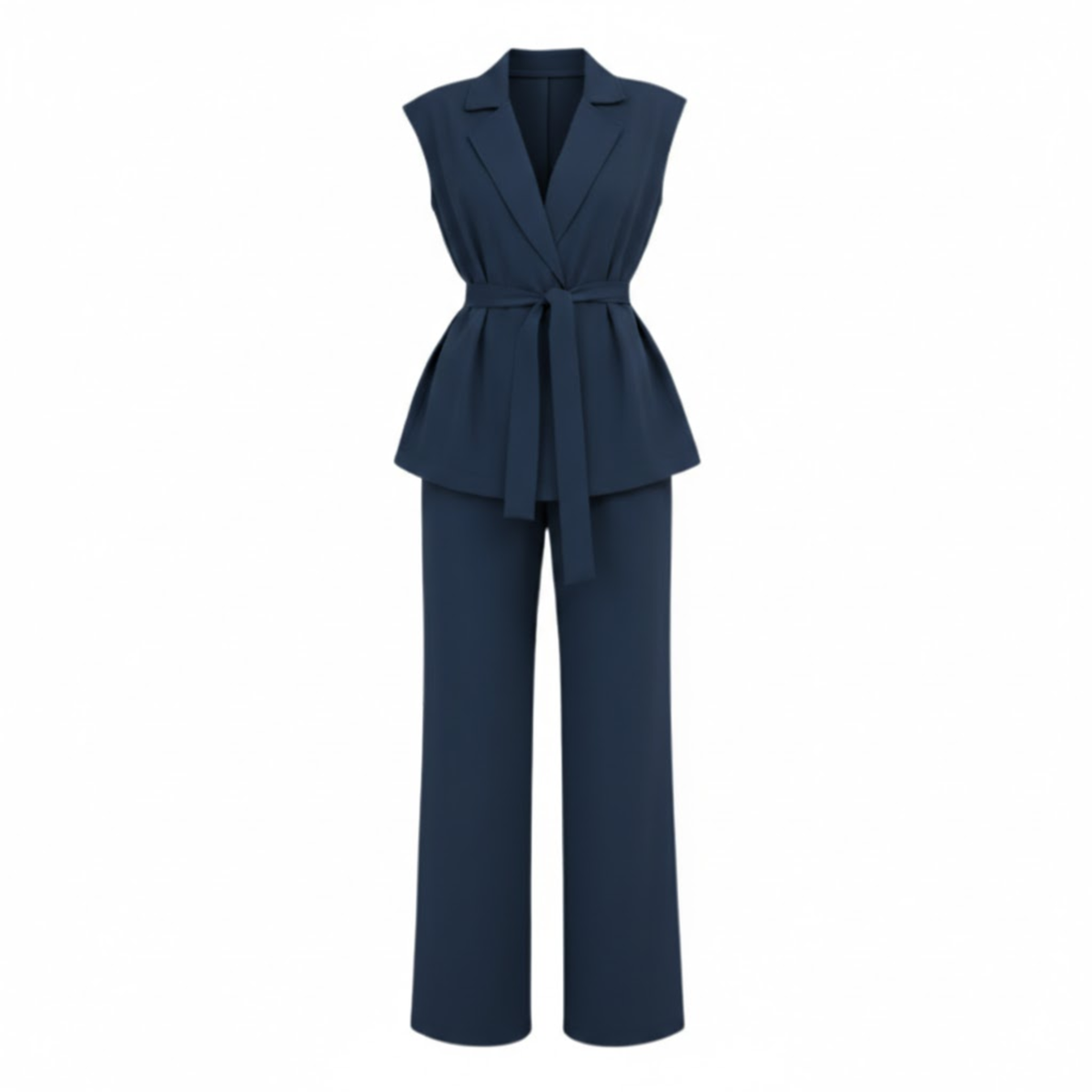 Sleeveless Vest and Wide Leg Pants Set with Turn Down Collar and Tie Waist Belt