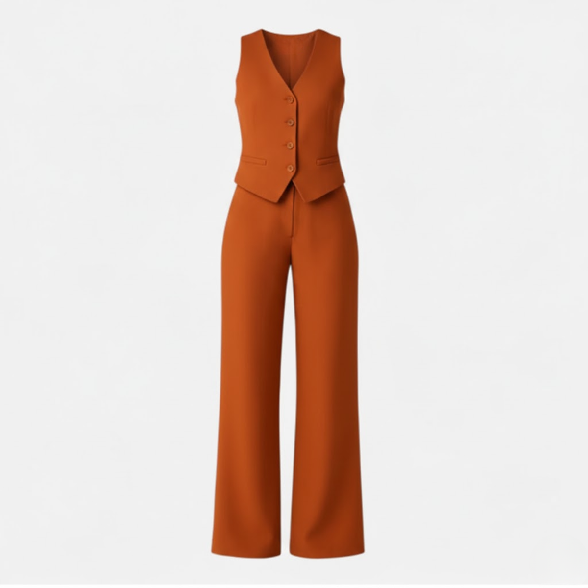 Women's Sleeveless V-Neck Waistcoat and High Waist Wide Leg Trouser Two Piece Set