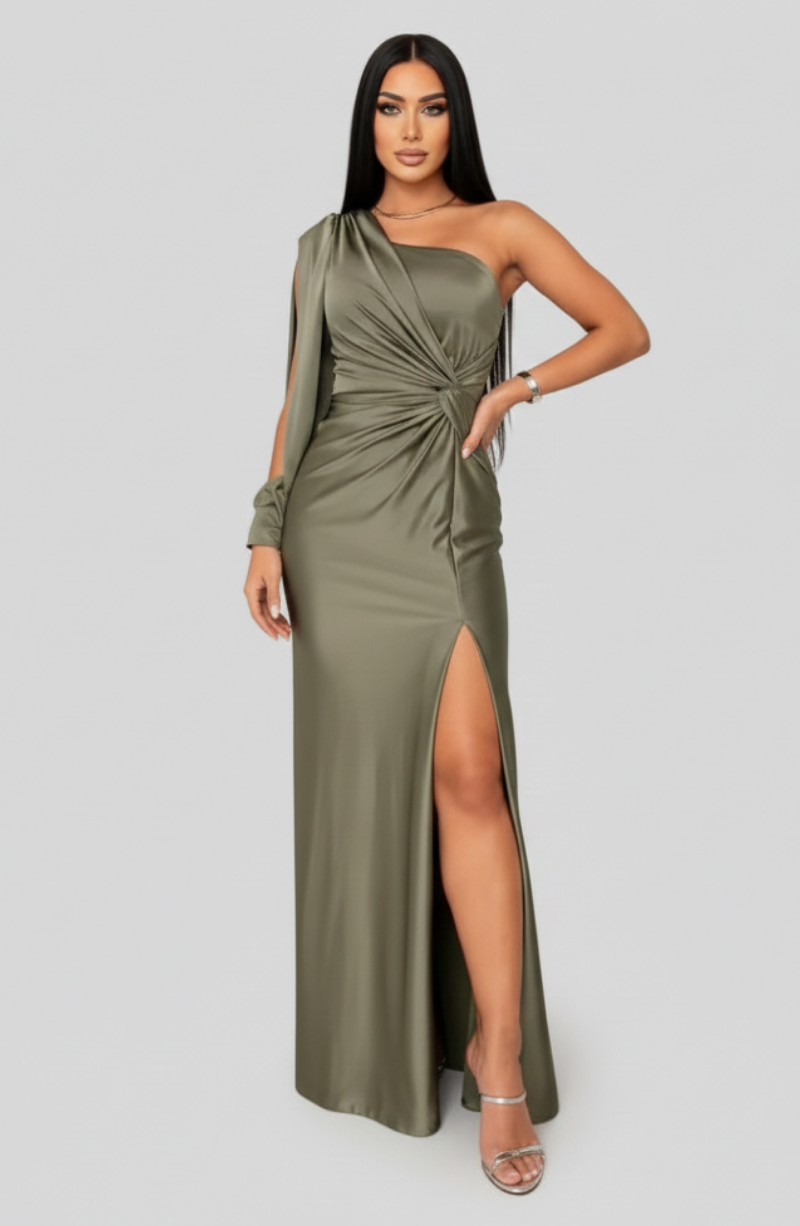 Women's maxi dress - one-shoulder satin design with side slit | wedding guest