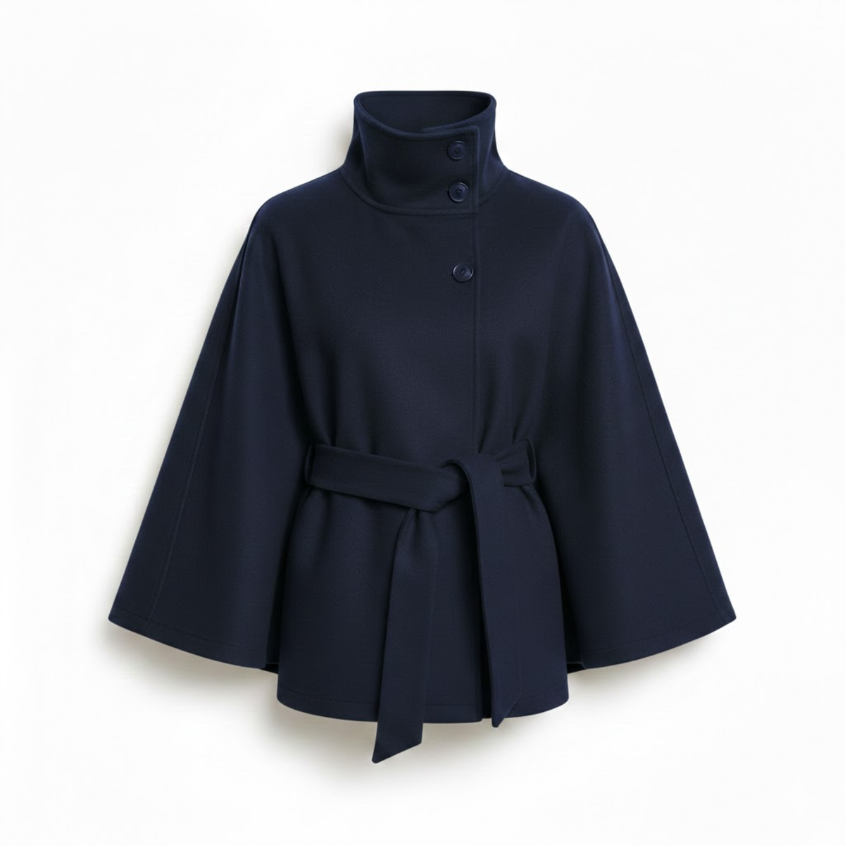 Women's Belted Cape Coat Funnel Neck Long Sleeve Polyester Button Cloak Outerwear