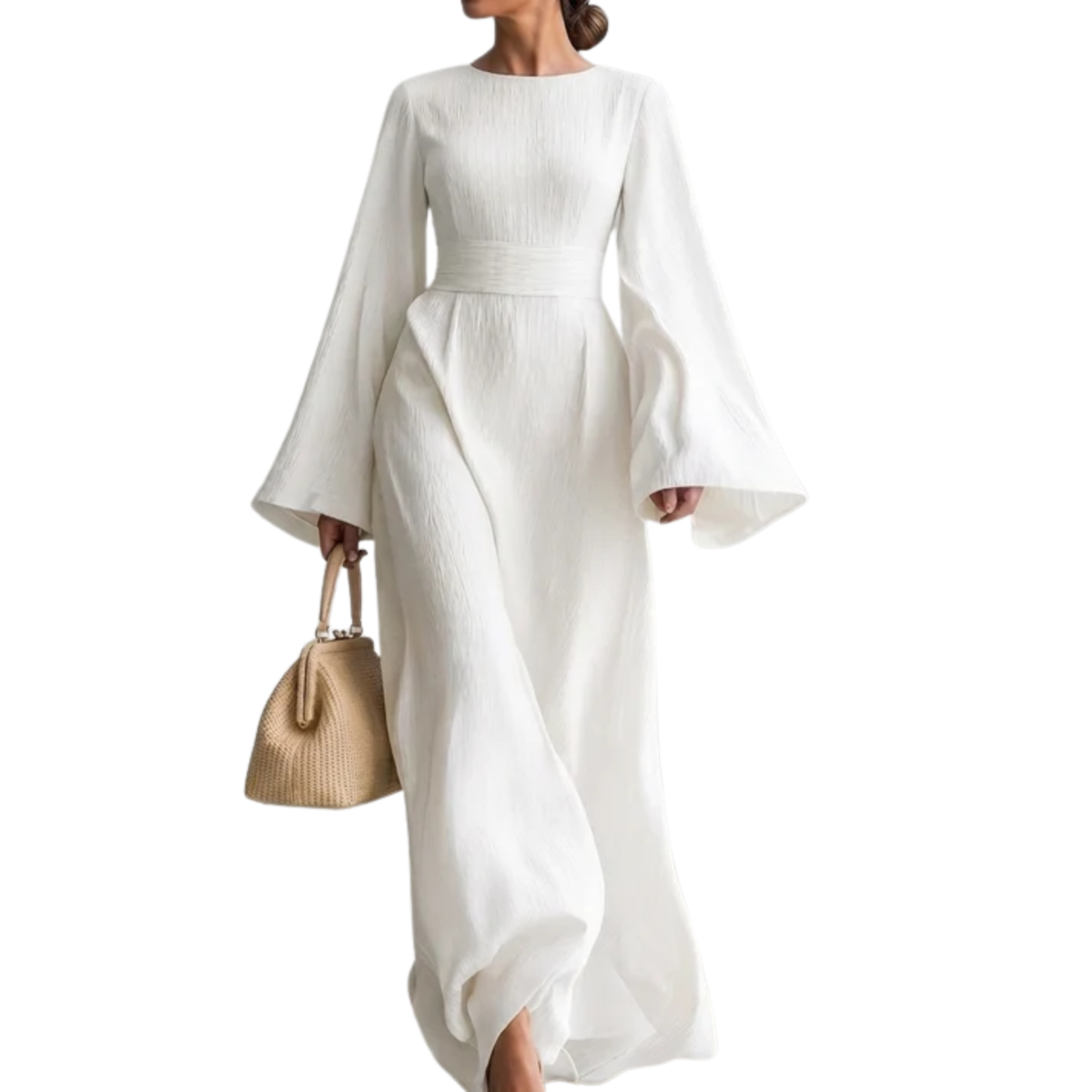 Women's Crew Neck Maxi Dress Bell Sleeve Ribbed Belted Waist Flowy Long Dress