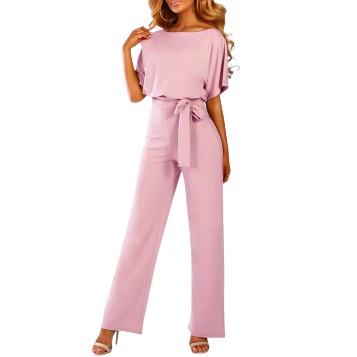 Women's wide-leg jumpsuit — belted waist with short sleeves — office wear