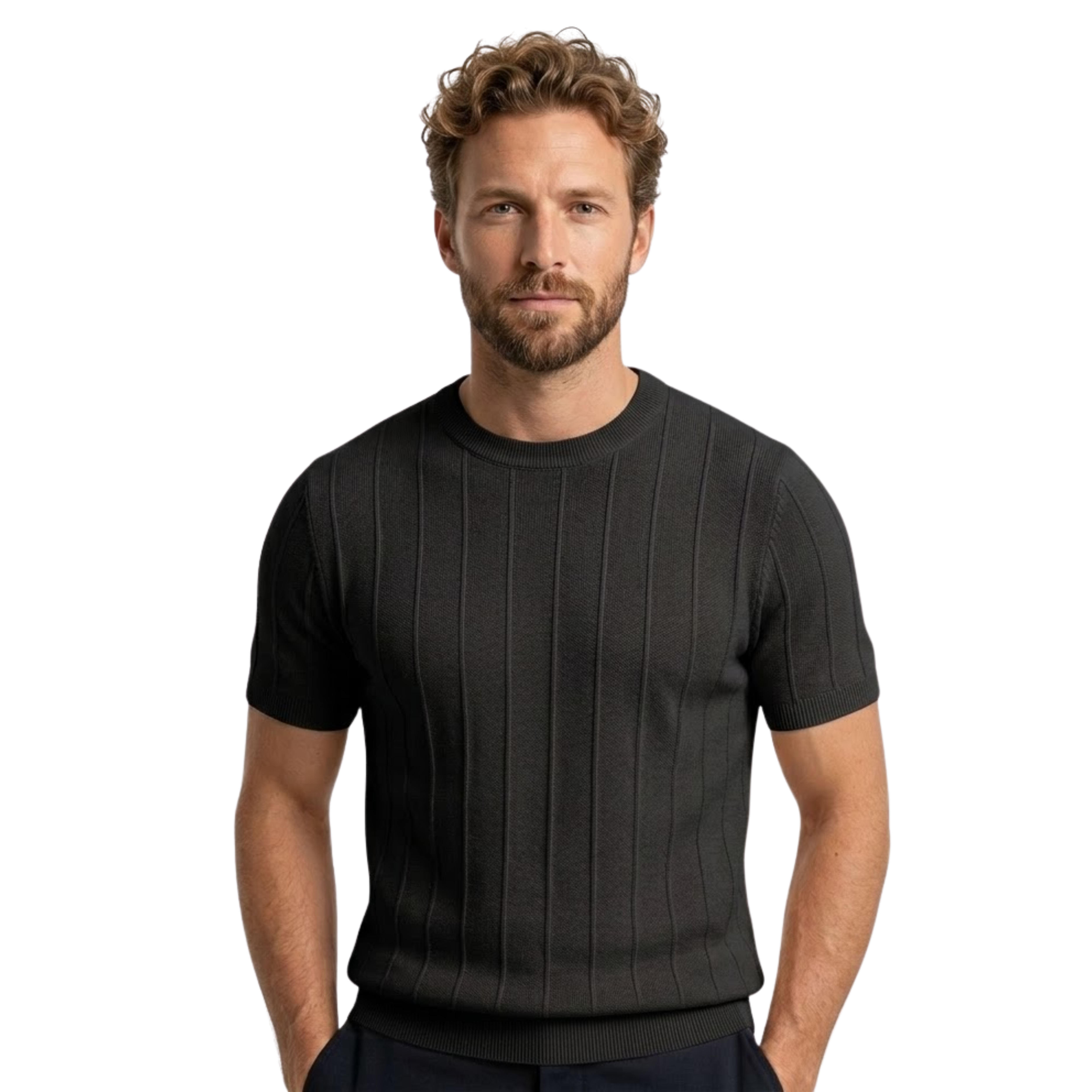 Men's Knitted Ribbed T-Shirt Short Sleeve Crew Neck Cotton Slim Fit Casual Top
