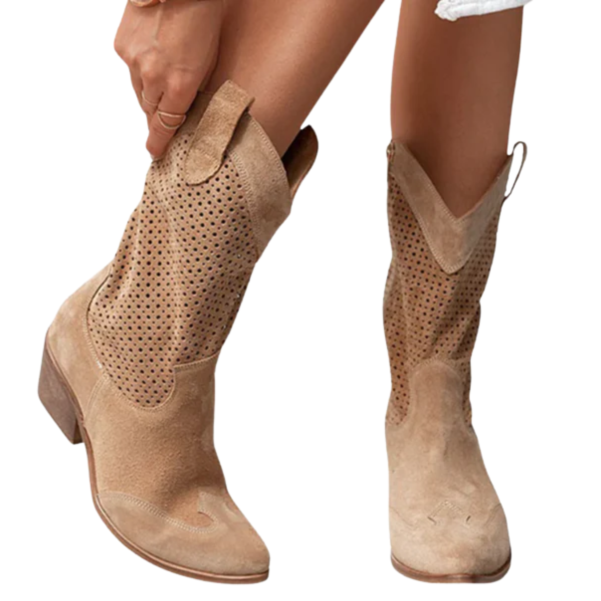Women's cowboy boots — leather — perforated mid-calf — casual daily