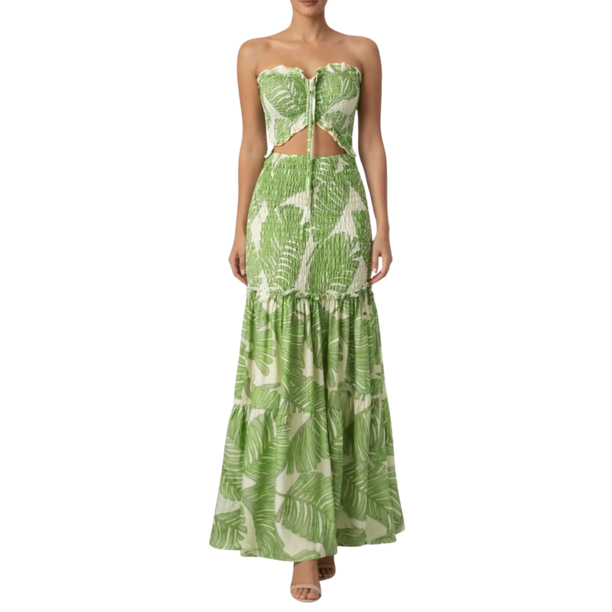 Women's Strapless Maxi Dress Tropical Leaf Print Ruched Waist Cut-Out Beach Dress