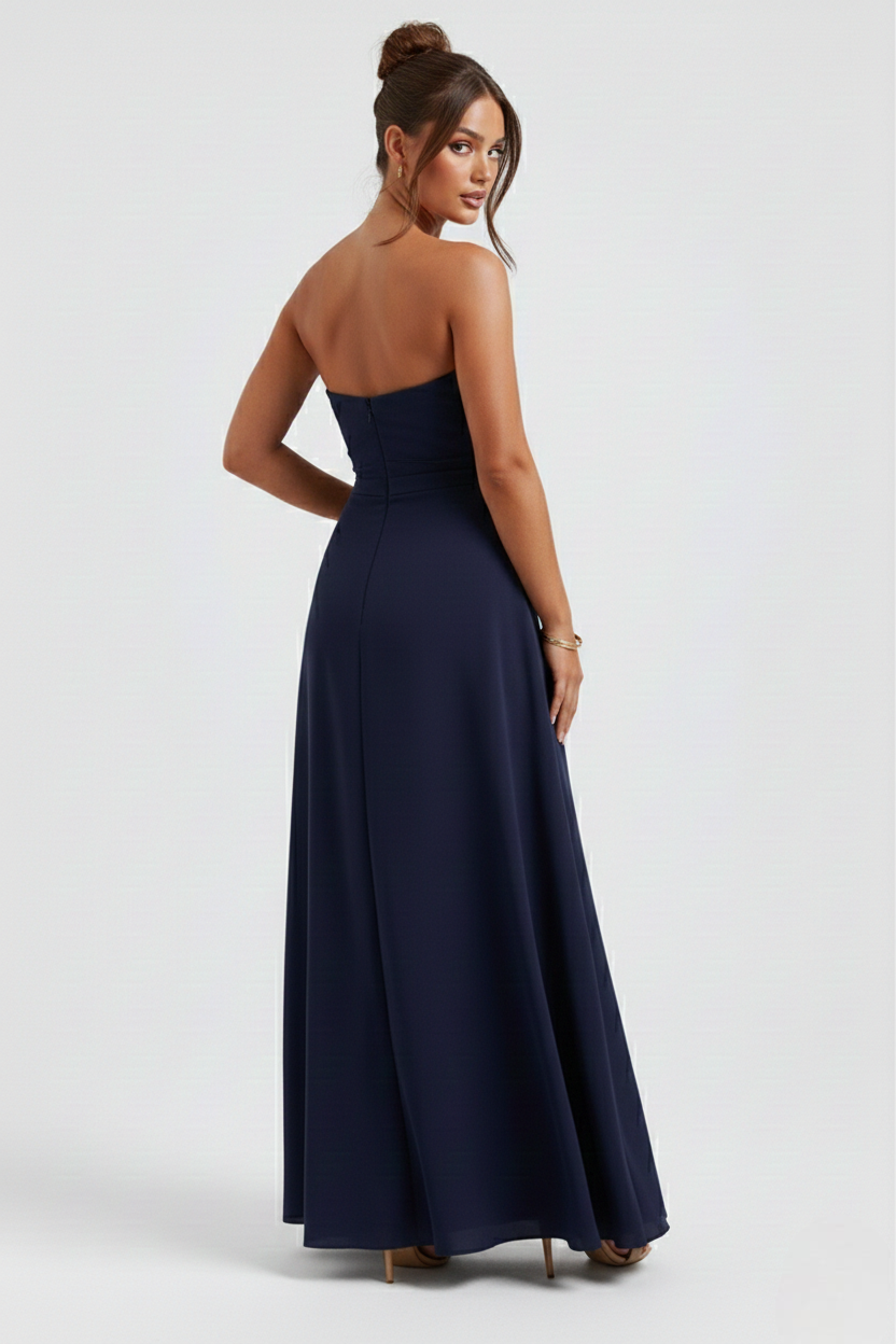 Women maxi dress - strapless ruched with thigh-high split | gala & formal