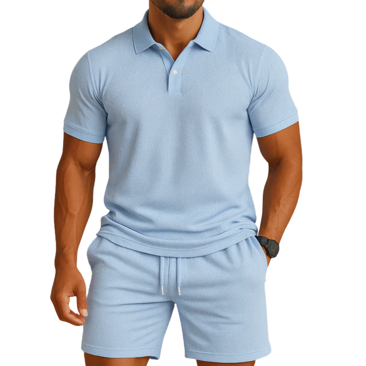 Men's two-piece polo set — drawstring shorts — casual summer holiday
