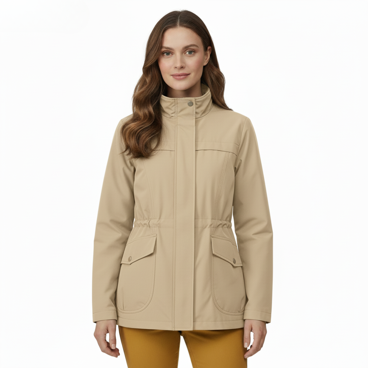 Women's Lightweight Windbreaker Jacket with Adjustable Waist and Front Pockets