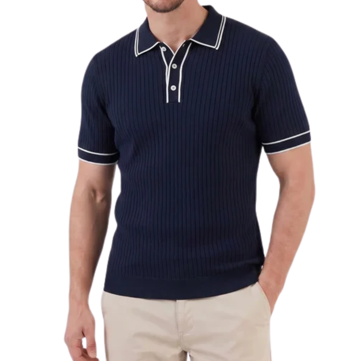 Men's ribbed knit polo — regular fit contrast trim — casual daily
