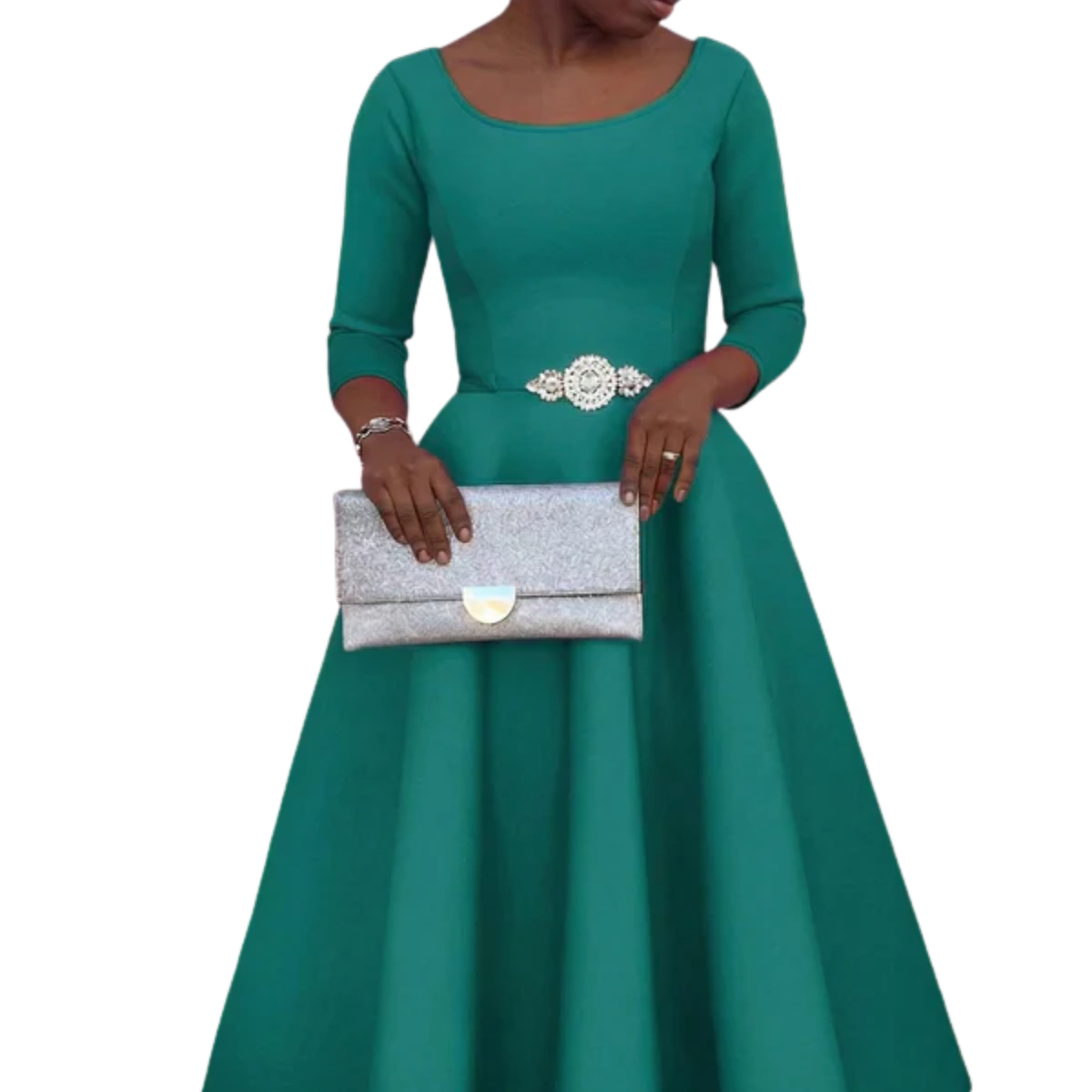 Women's A-Line Midi Dress Three Quarter Sleeve Round Neck Wedding Guest Formal Dress