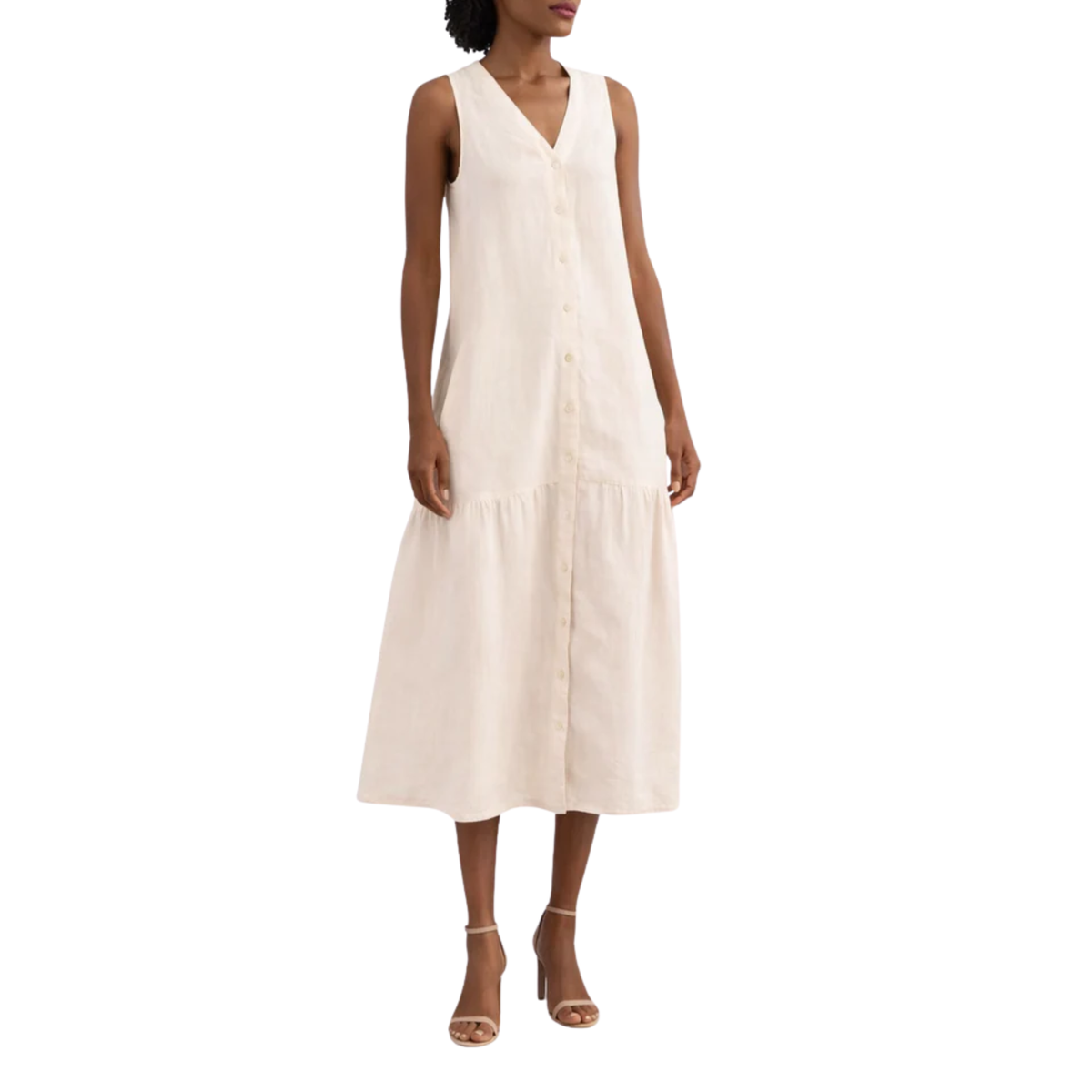 Women's V-Neck Linen Maxi Dress Button Up Sleeveless Tiered Hem Relaxed Fit Gown