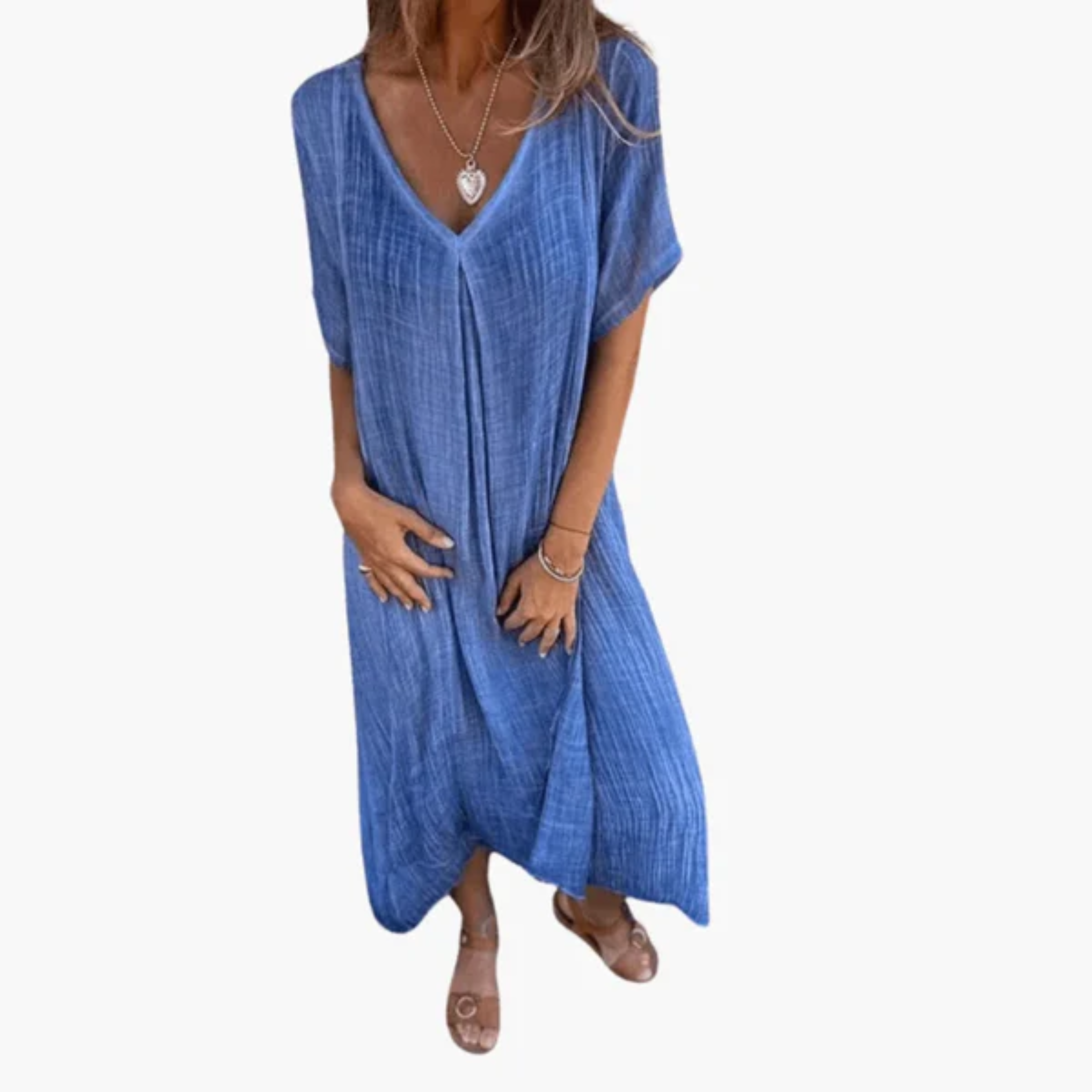 Women's Cotton Linen V Neck Maxi Dress Short Sleeve Loose Bohemian Casual Long Dress