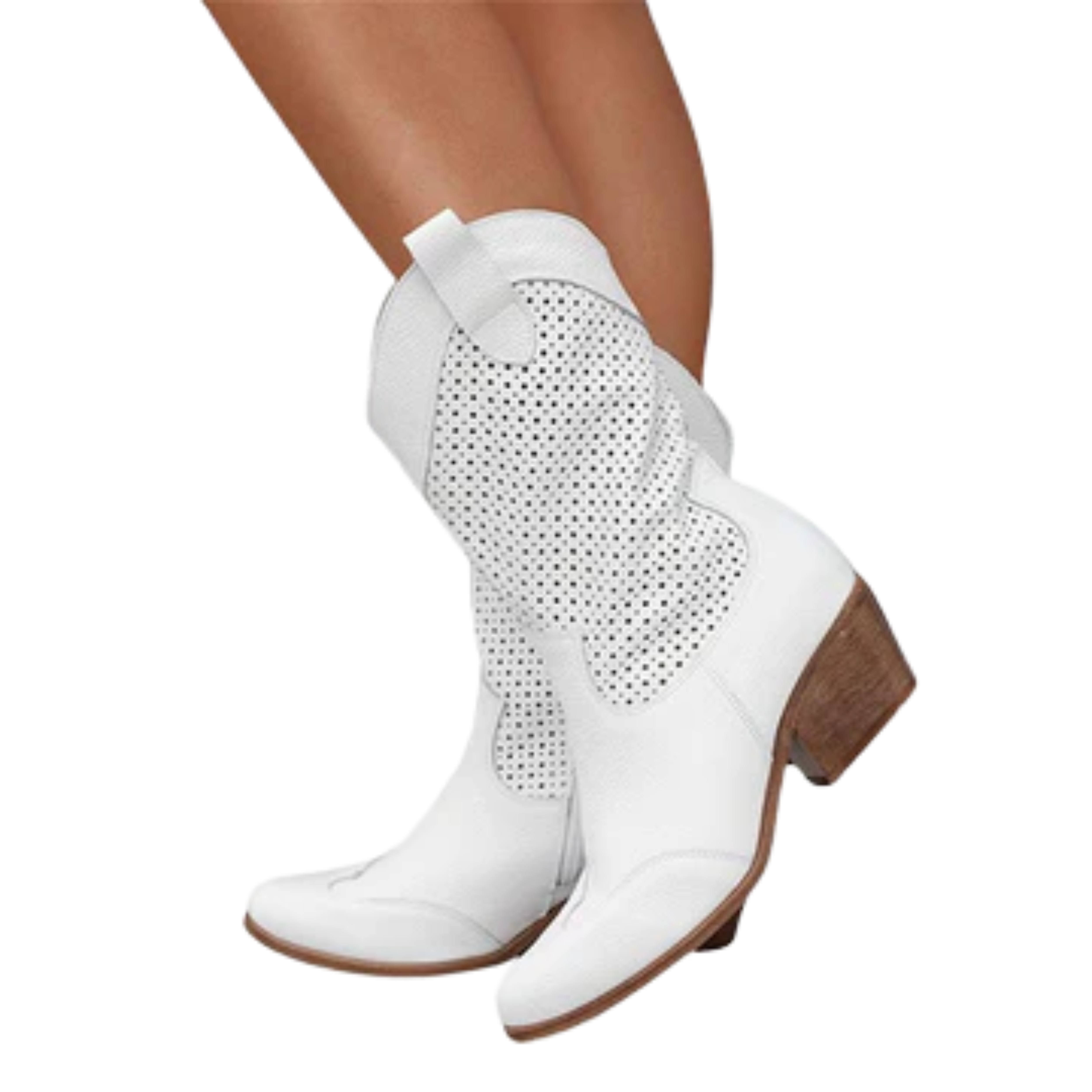 Women's cowboy boots — leather — perforated mid-calf — casual daily