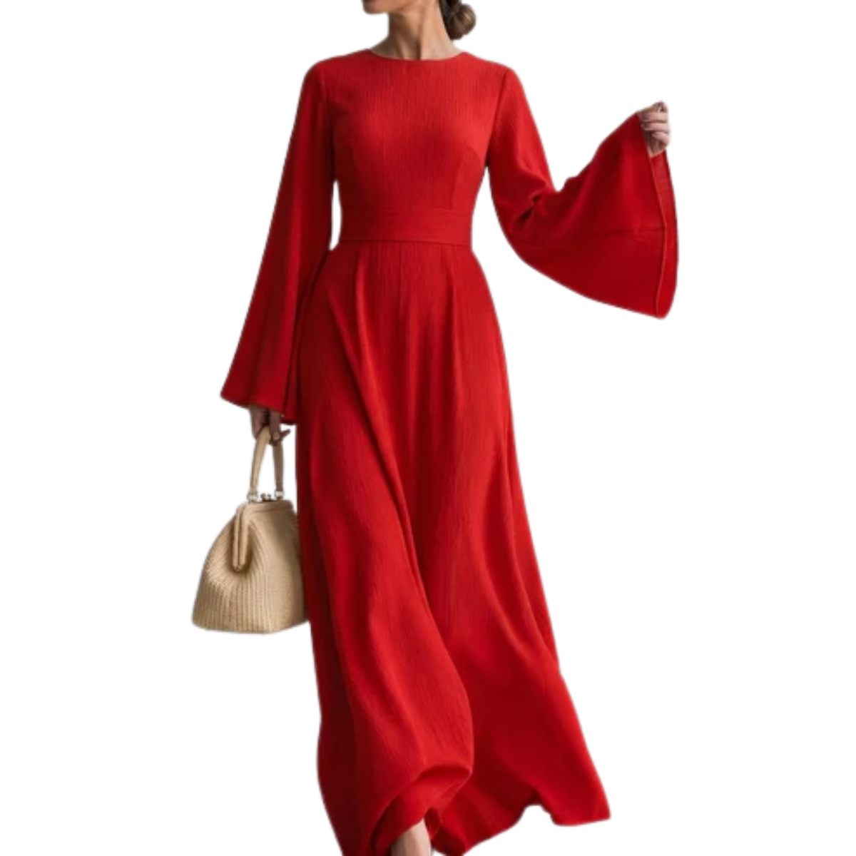 Women's Crew Neck Maxi Dress Bell Sleeve Ribbed Belted Waist Flowy Long Dress