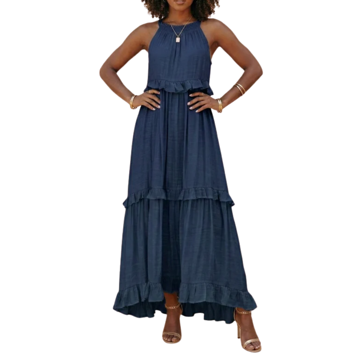 Women's Tiered Maxi Dress Halter Neck Cotton Blend Sleeveless Flowing Wedding Guest Dress