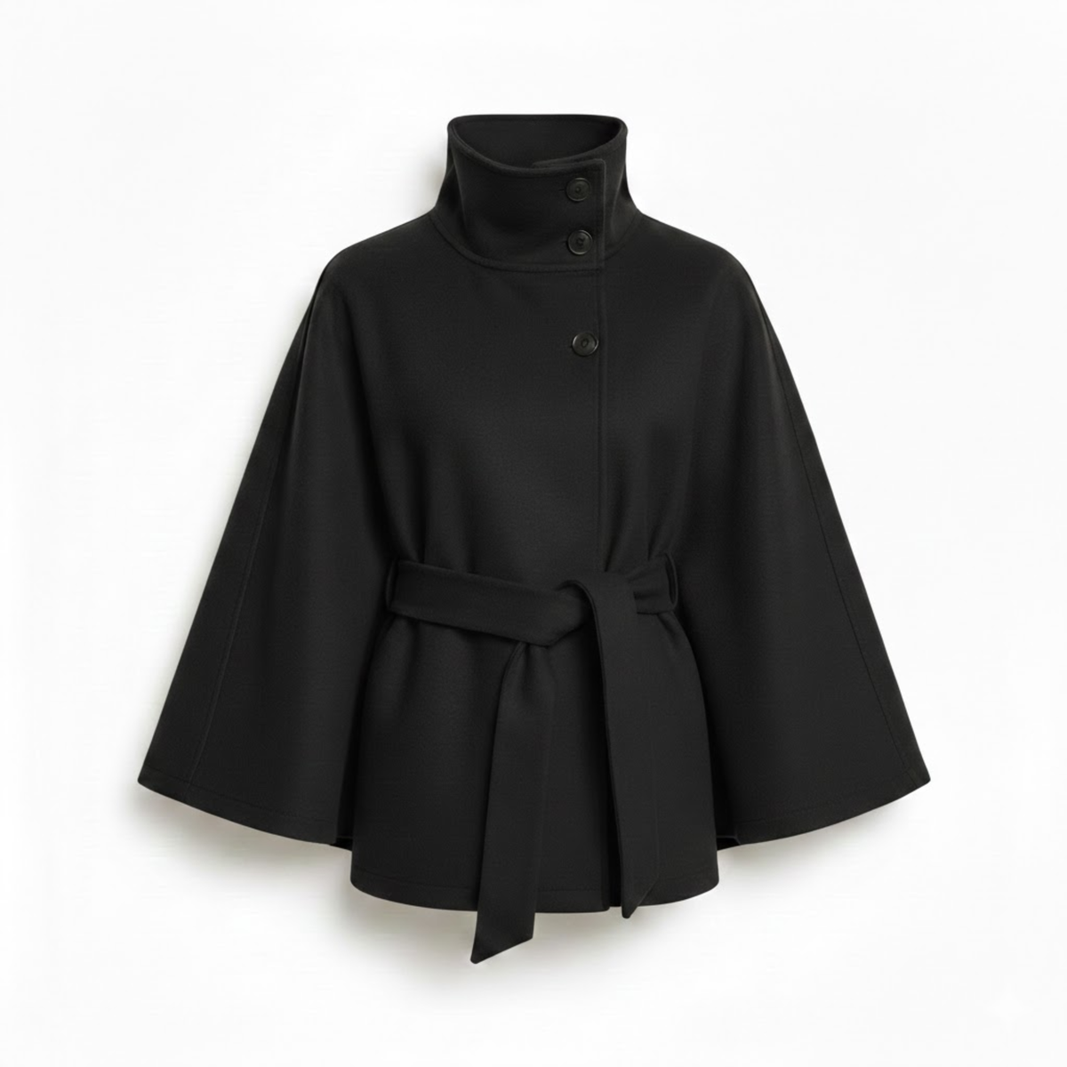 Women's Belted Cape Coat Funnel Neck Long Sleeve Polyester Button Cloak Outerwear
