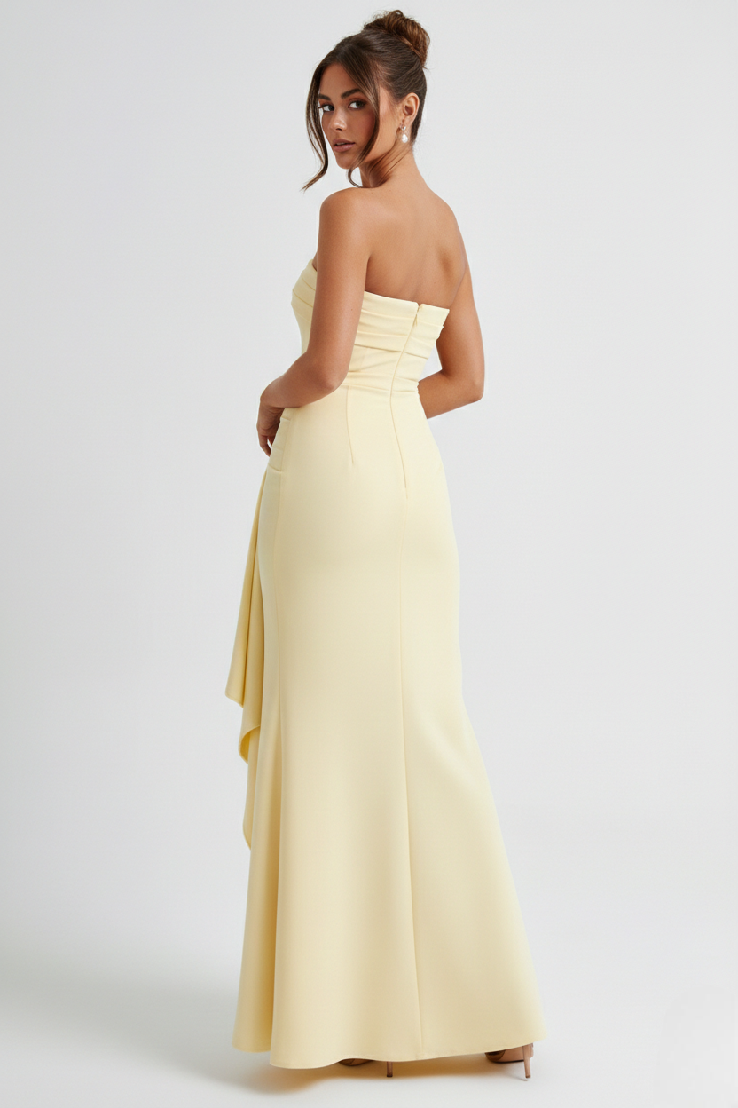 Women maxi dress - strapless ruched with thigh-high split | gala & formal