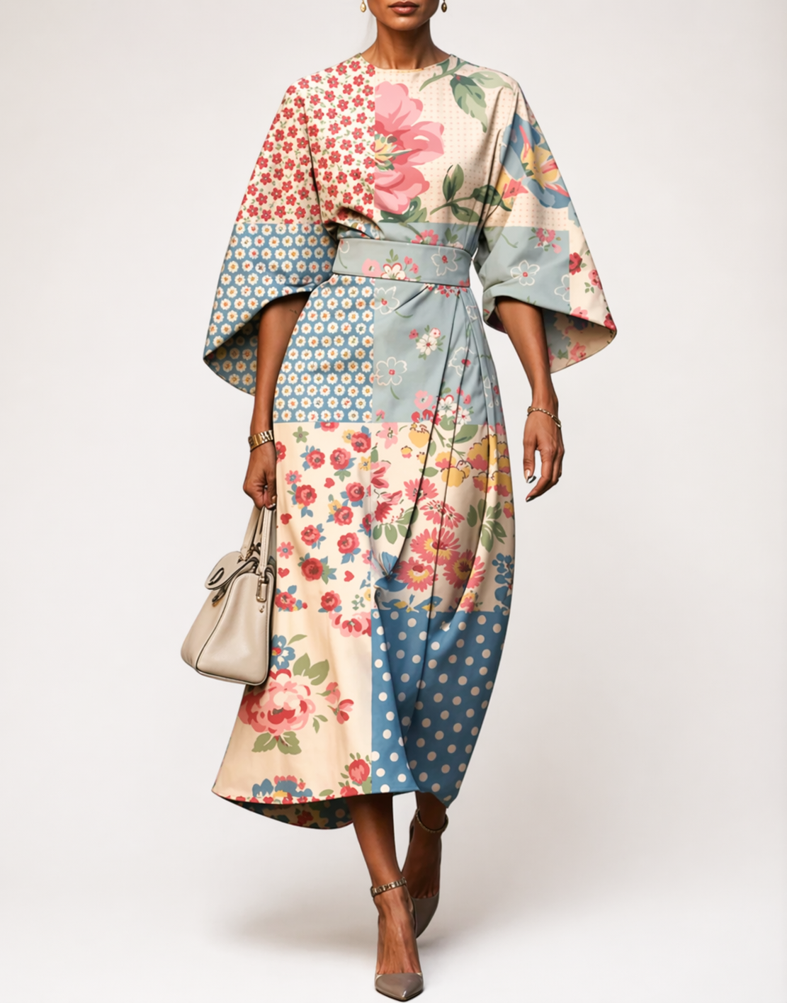 Women's art print kimono dress — patchwork quilted — cultural opening
