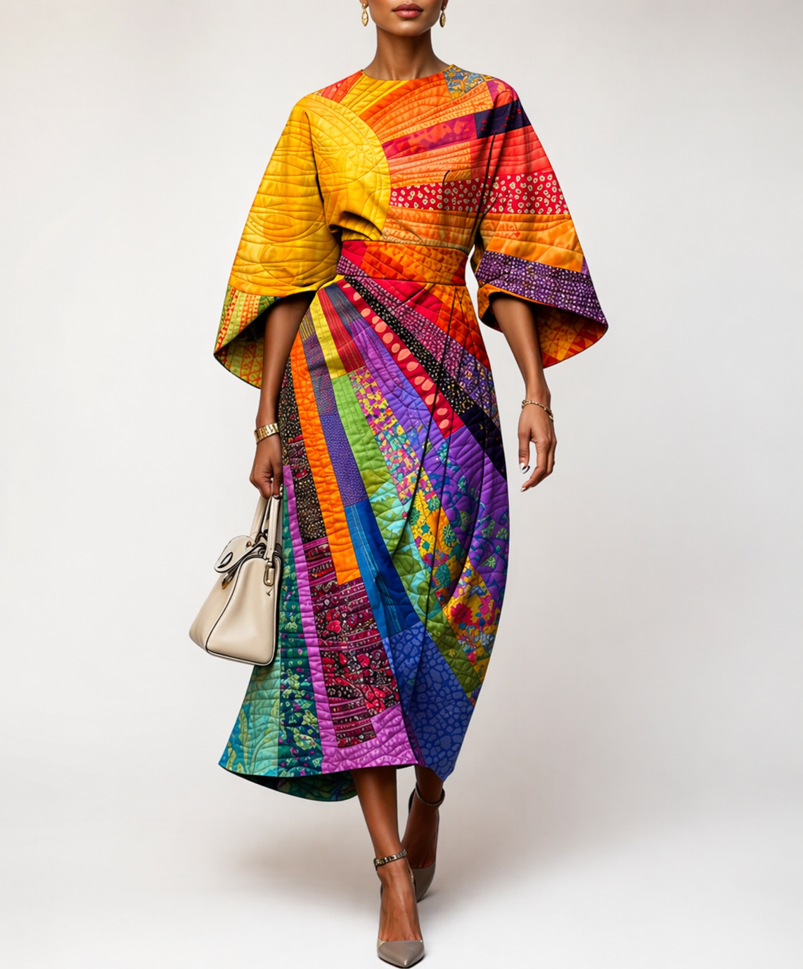 Women's art print kimono dress — patchwork quilted — cultural opening