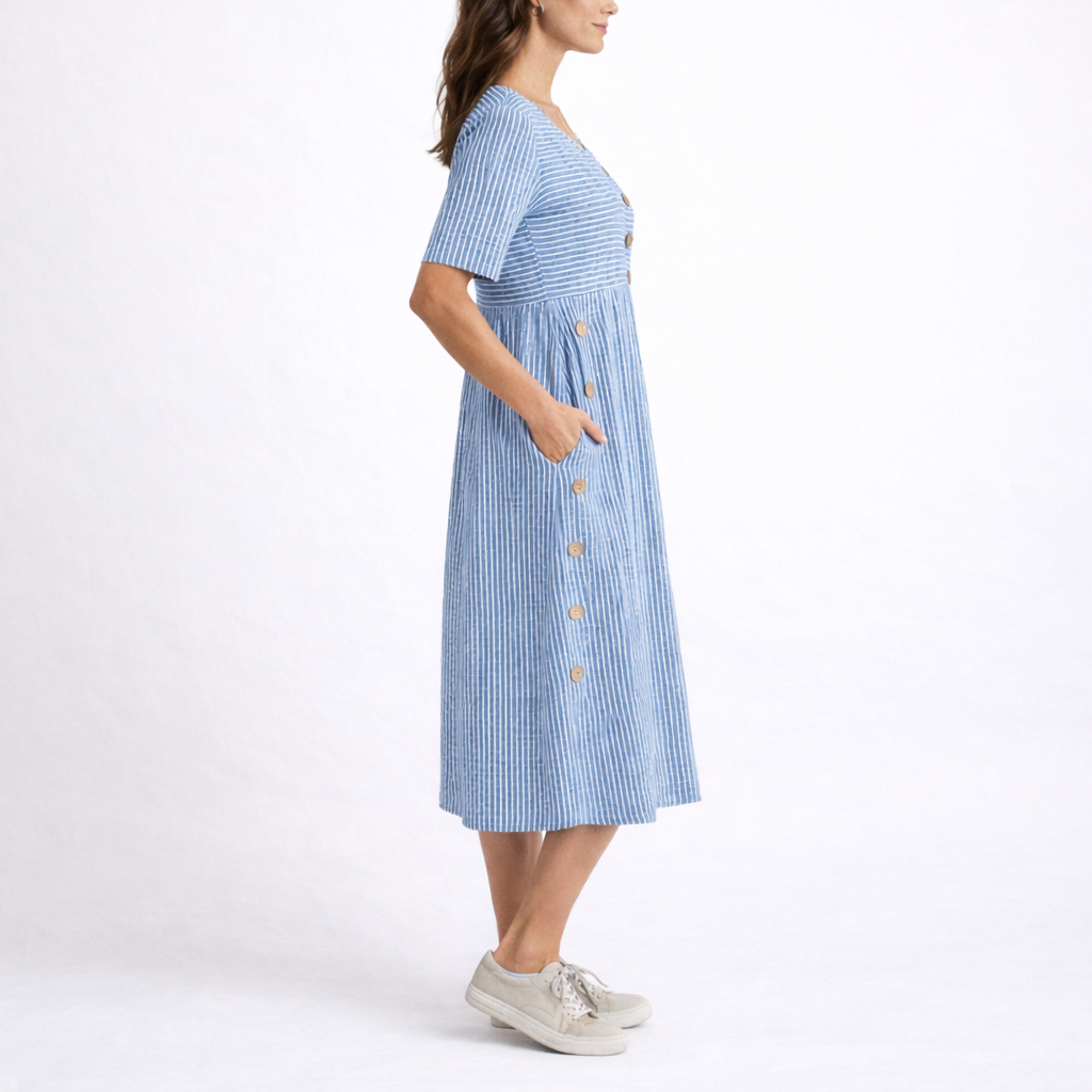 Striped Midi Dress With Buttons