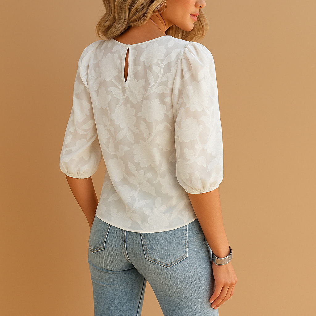 Women's blouse puff sleeve round neck floral top