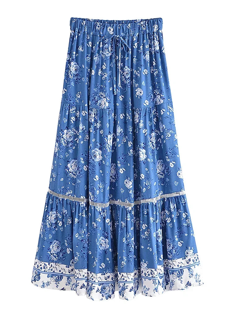 Women's maxi skirt - flowy A-line tiered skirt with elastic waist | beach holiday