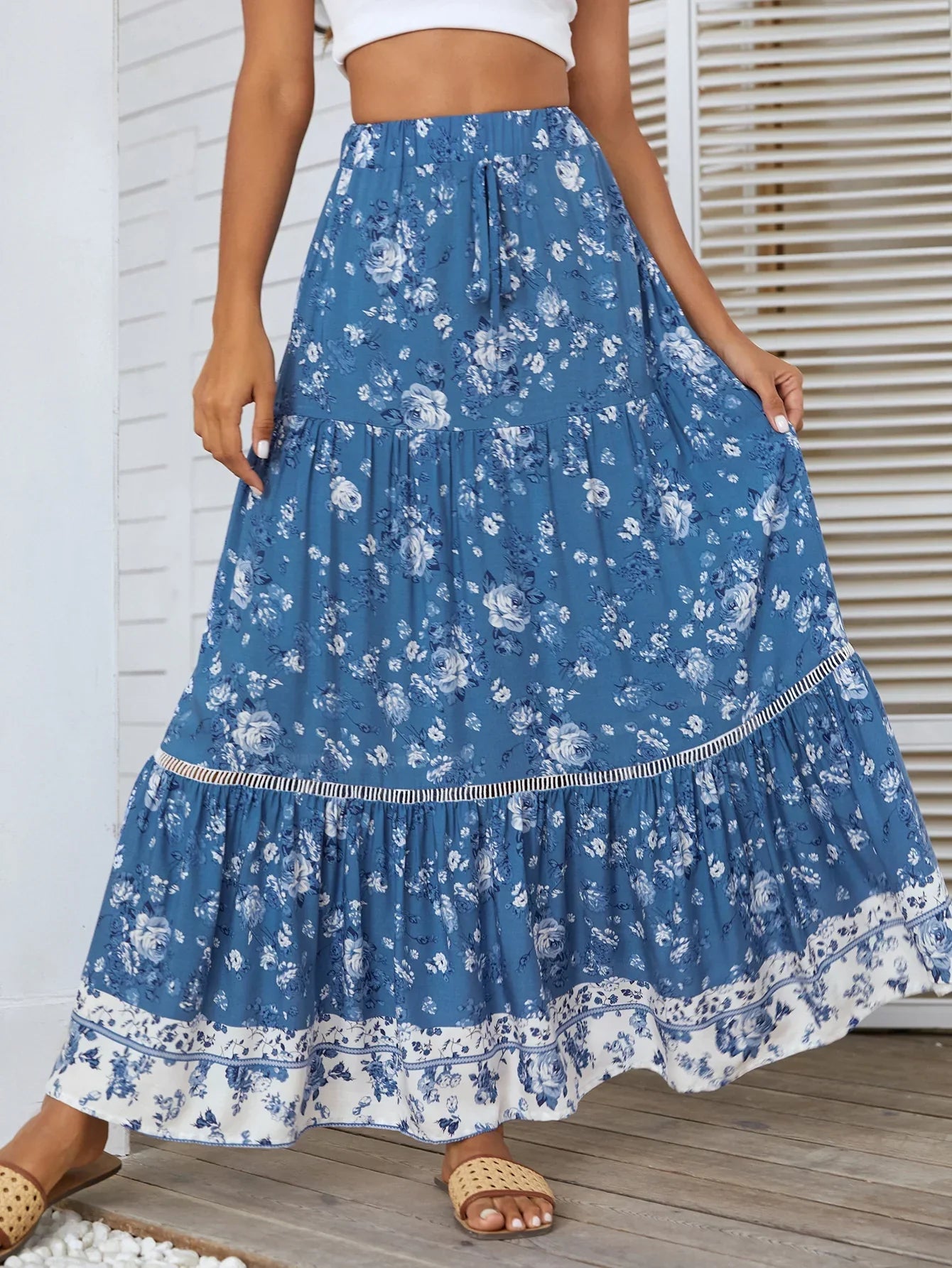 Women's maxi skirt - flowy A-line tiered skirt with elastic waist | beach holiday